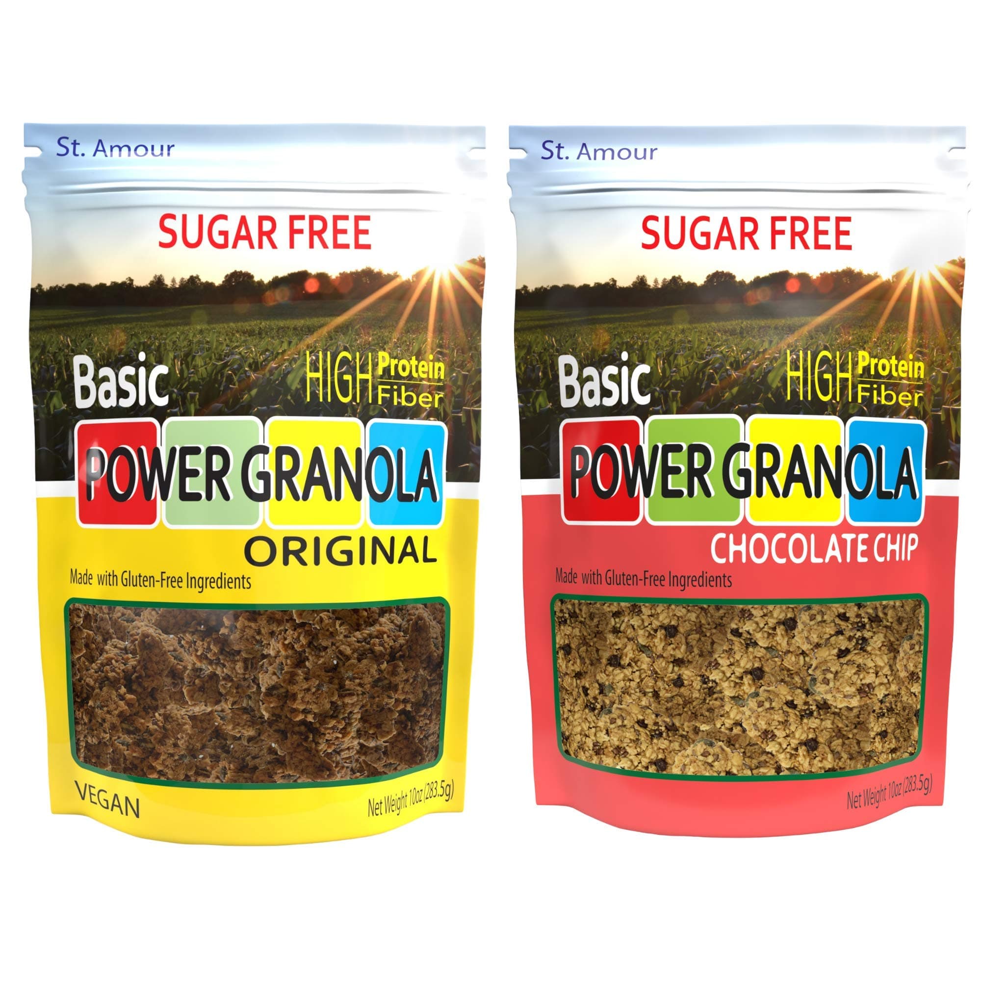 St Amour Basic Power Granola - 2 pack - Sugar Free-Gluten Free (VARIETY 2 PK ORIGINAL/CHOC CHIP)