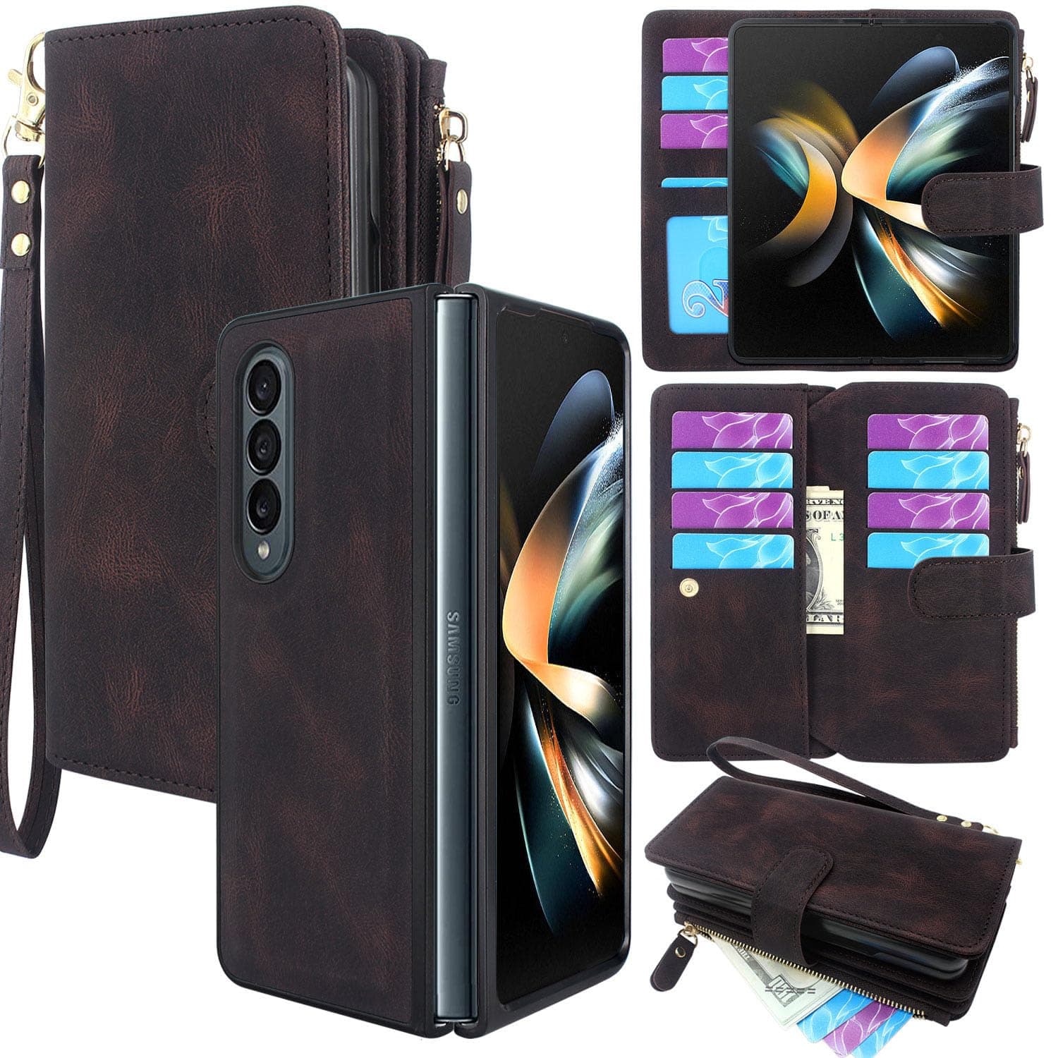 Lacass Compatible with Samsung Galaxy Z Fold 4 Z Fold4 5G (2022) Case [12 Card Slots] ID Credit Cash Holder Zipper Pocket Detachable Magnet Leather Wallet Cover(Black Brown)
