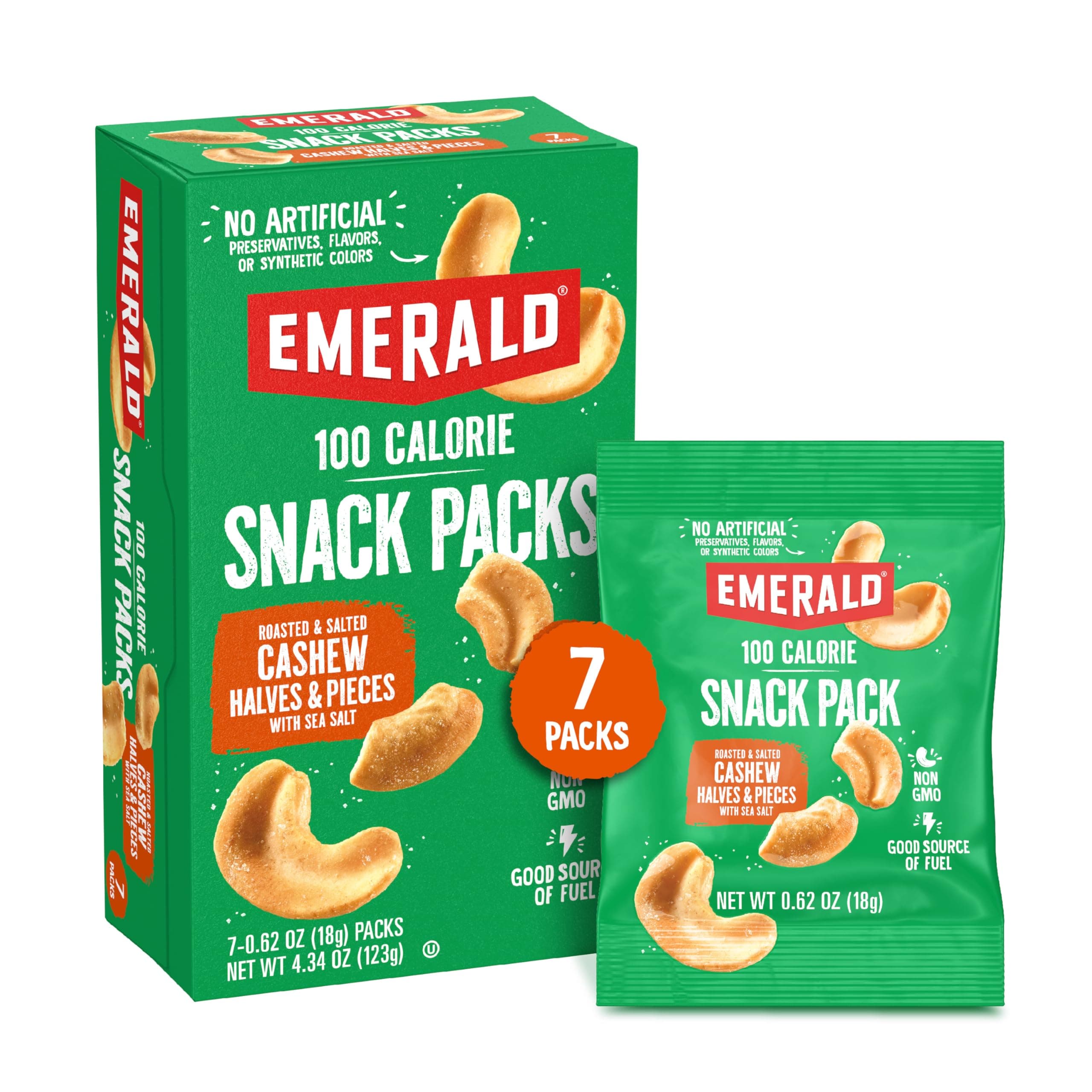 Emerald Nuts Roasted and Salted Cashews 7ct (1-Pack), 100-Calorie Individual Packs, Plant-Based Protein, Kosher Certified, Non-GMO, Contains No Artificial Preservatives, Flavors or Synthetic Colors