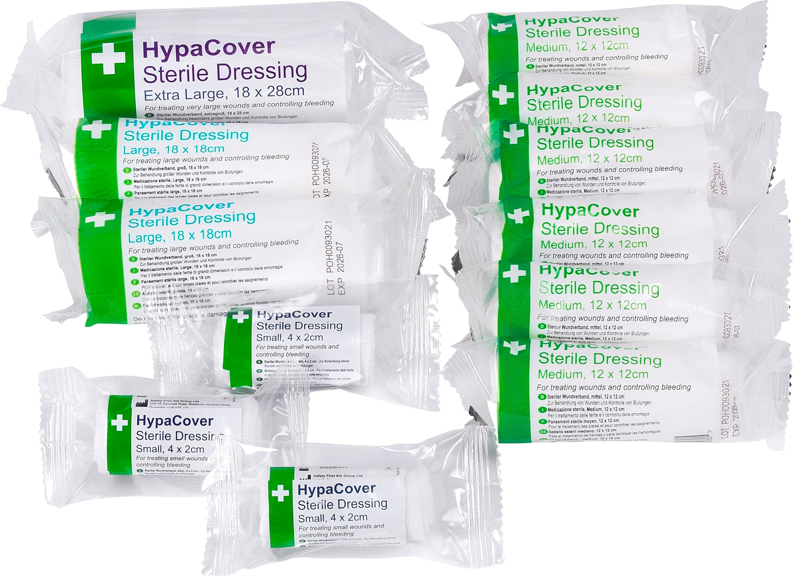 Safety First Aid Group HypaCover Sterile Wound Dressings, Assorted Pack of 12 - Bandages with Sterile Dressing Pad