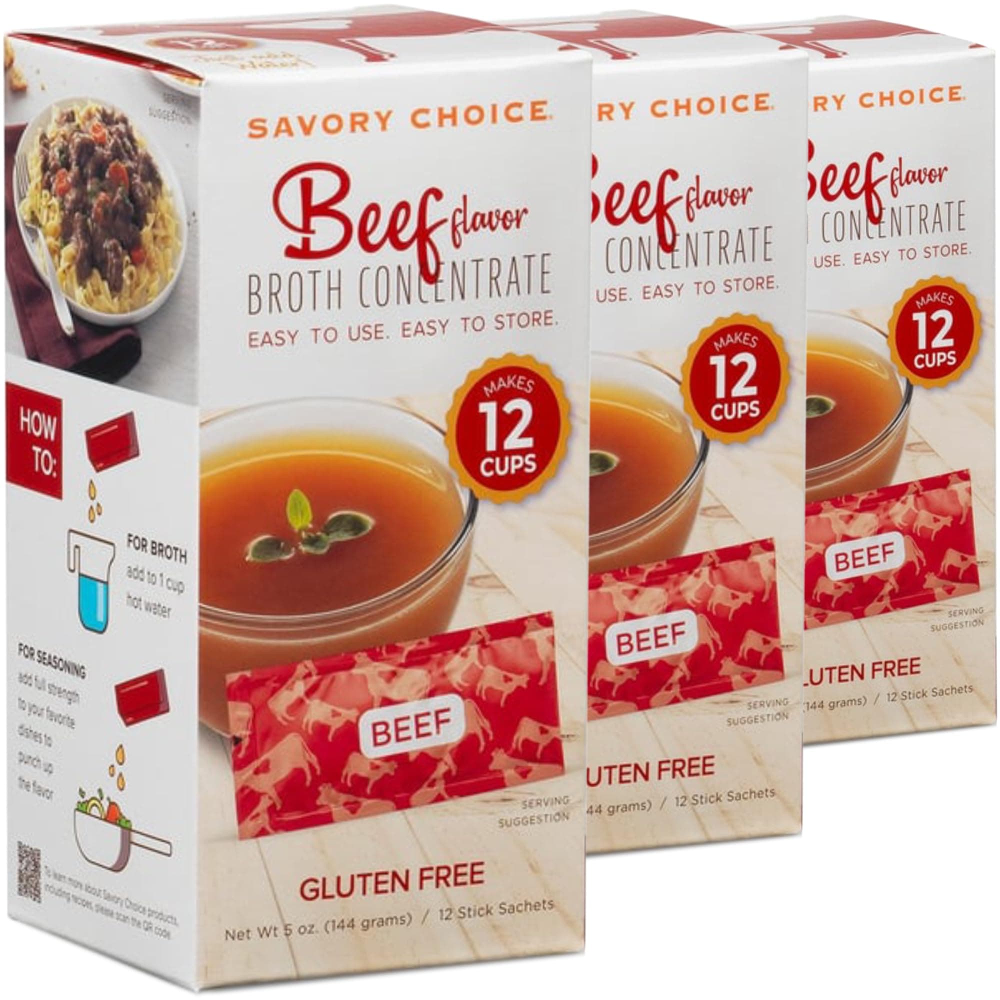 SAVORY CHOICE Beef Broth Concentrate, 3 Box of 12 Packets (12g) - Gluten-Free, Diary-Free Broth Concentrate