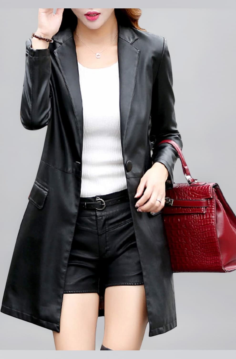 Tanming Womens Casual Lapel Long Leather Jacket Suit Coat Windbreaker Trench Coat