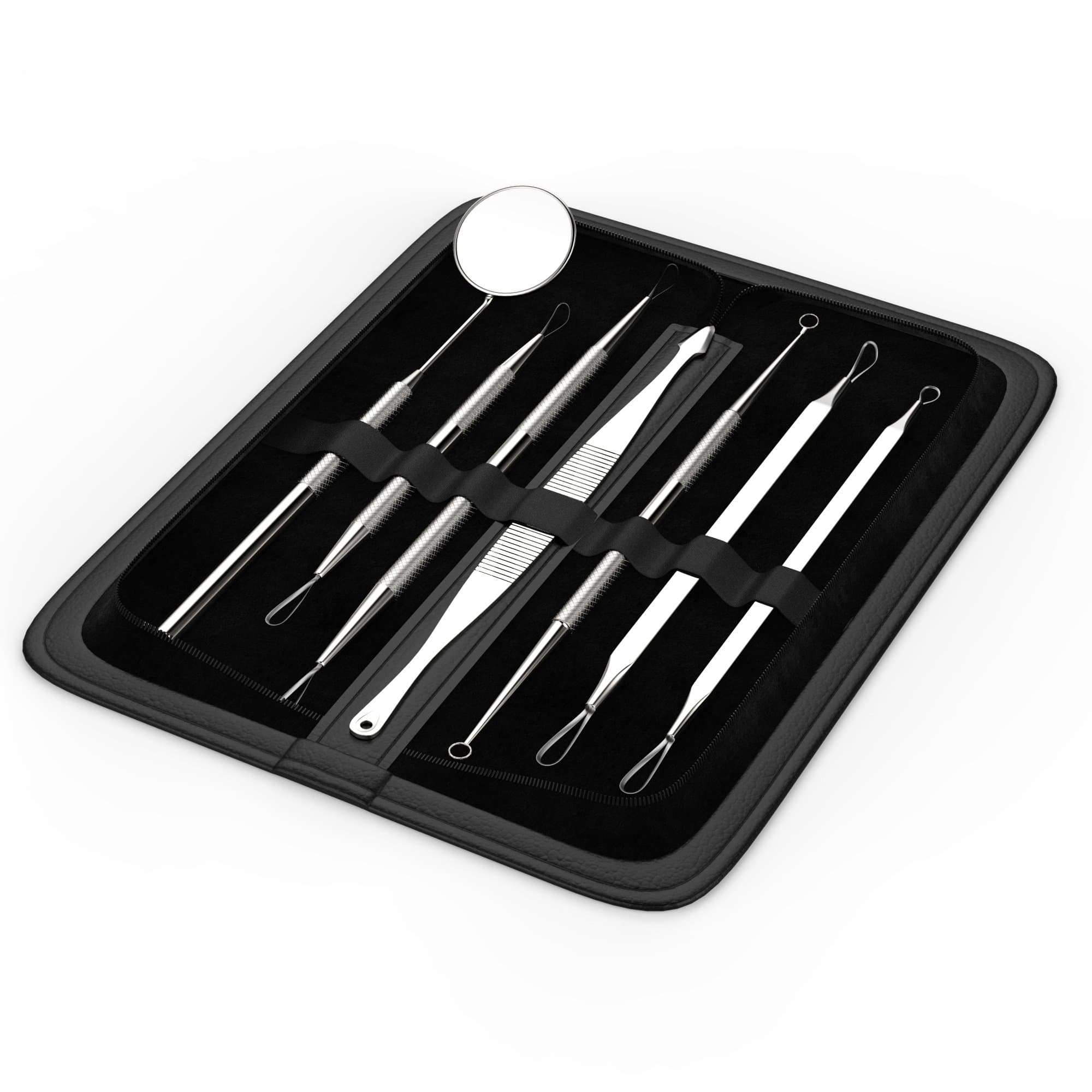 anbina® 7in1 blackhead-remover tweezers blackhead set comedone extractor, incl. mirror + storage bag in black