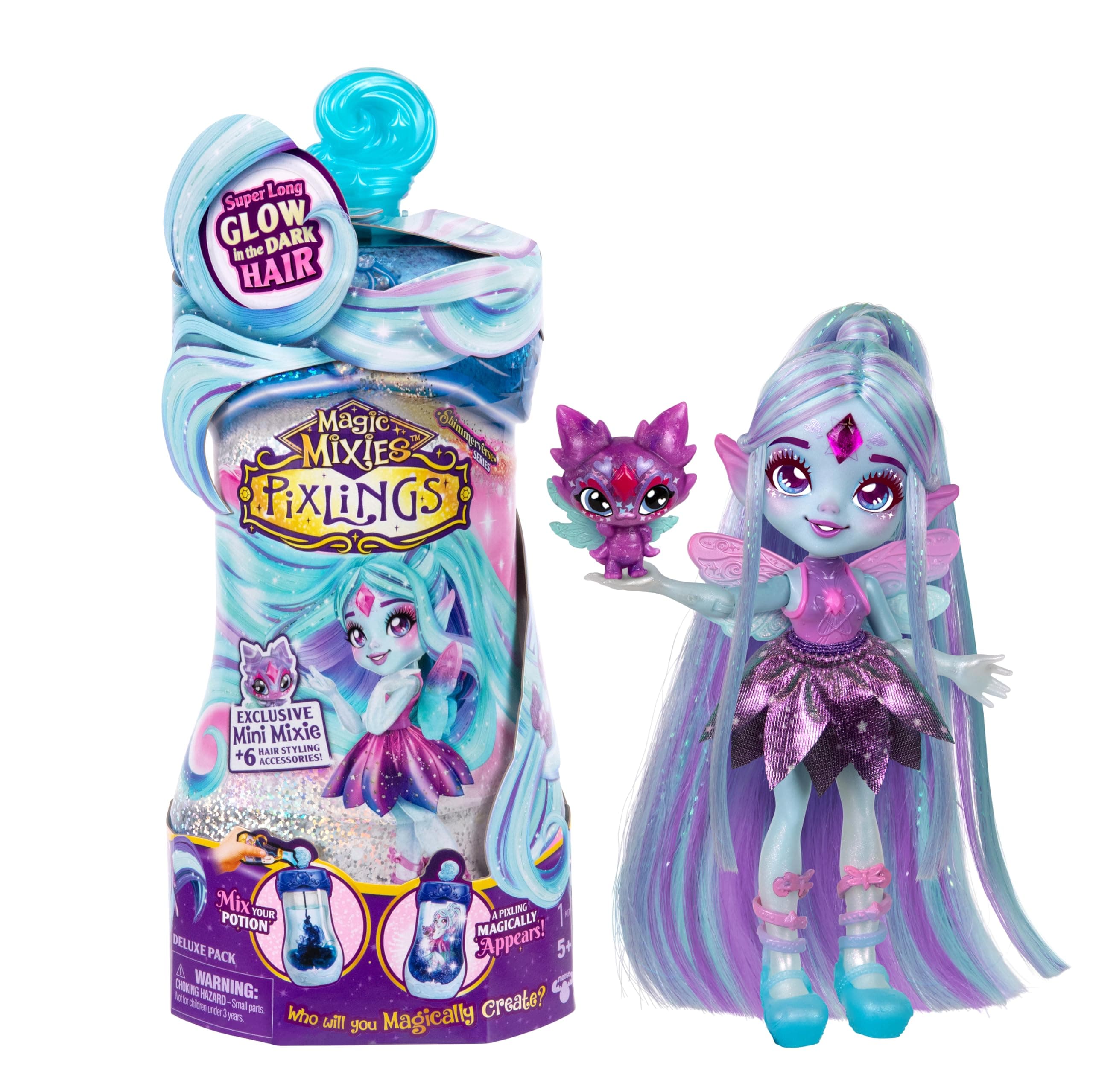 Magic Mixies Pixlings Deluxe Pack, Flyt The Dragonfly, Shimmer Reveal, Create & Mix Potion That Magically Reveals 6.5" Pixling Doll Inside Potion Bottle - Exclusive Mini Mixies & 6 Hair Accessories
