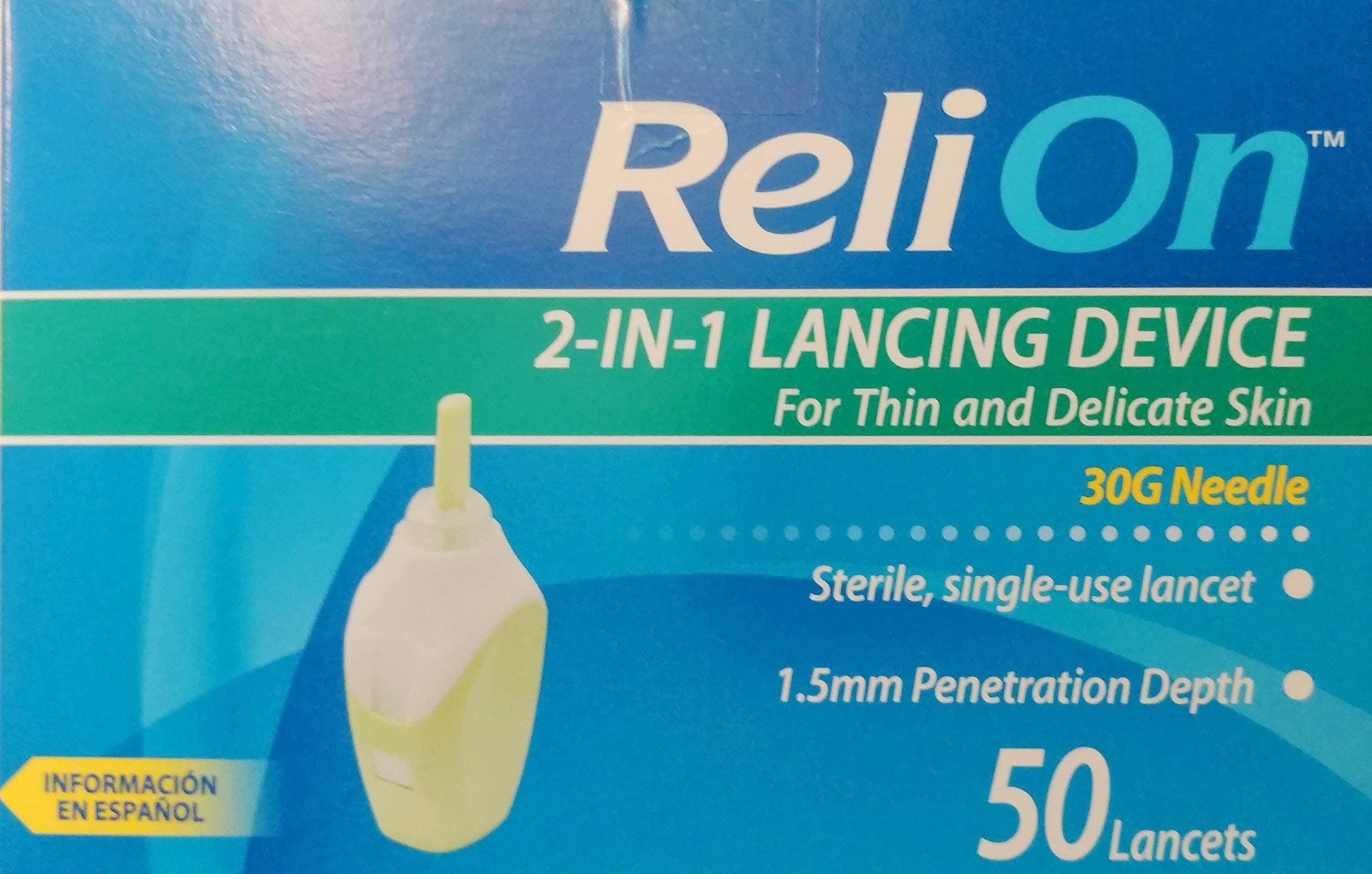 ReliOn Needle & Lancets for Thin and Delicate Skin – 30 Gauge Needle – Sterile, single–use lancet, 1.5mm Penetration Depth, Includes 50 Lancets