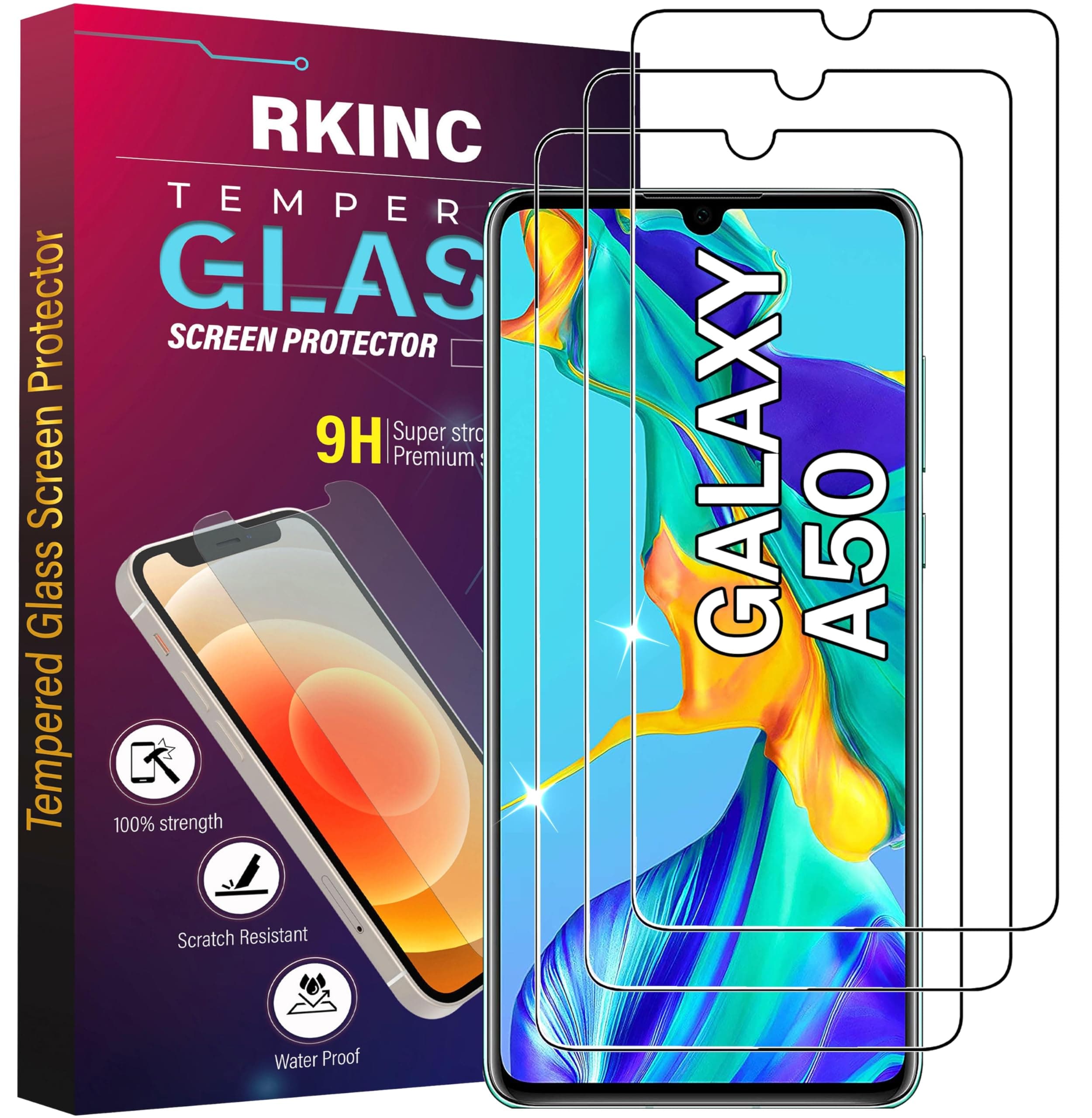 Pack of 3 Tempered Glass Screen Protector for Samsung Galaxy A50 (SM-A505F), A50s, HD Screen Protector, 0.33 mm Scratch-Resistant, Shatter-Free, Bubble-Free