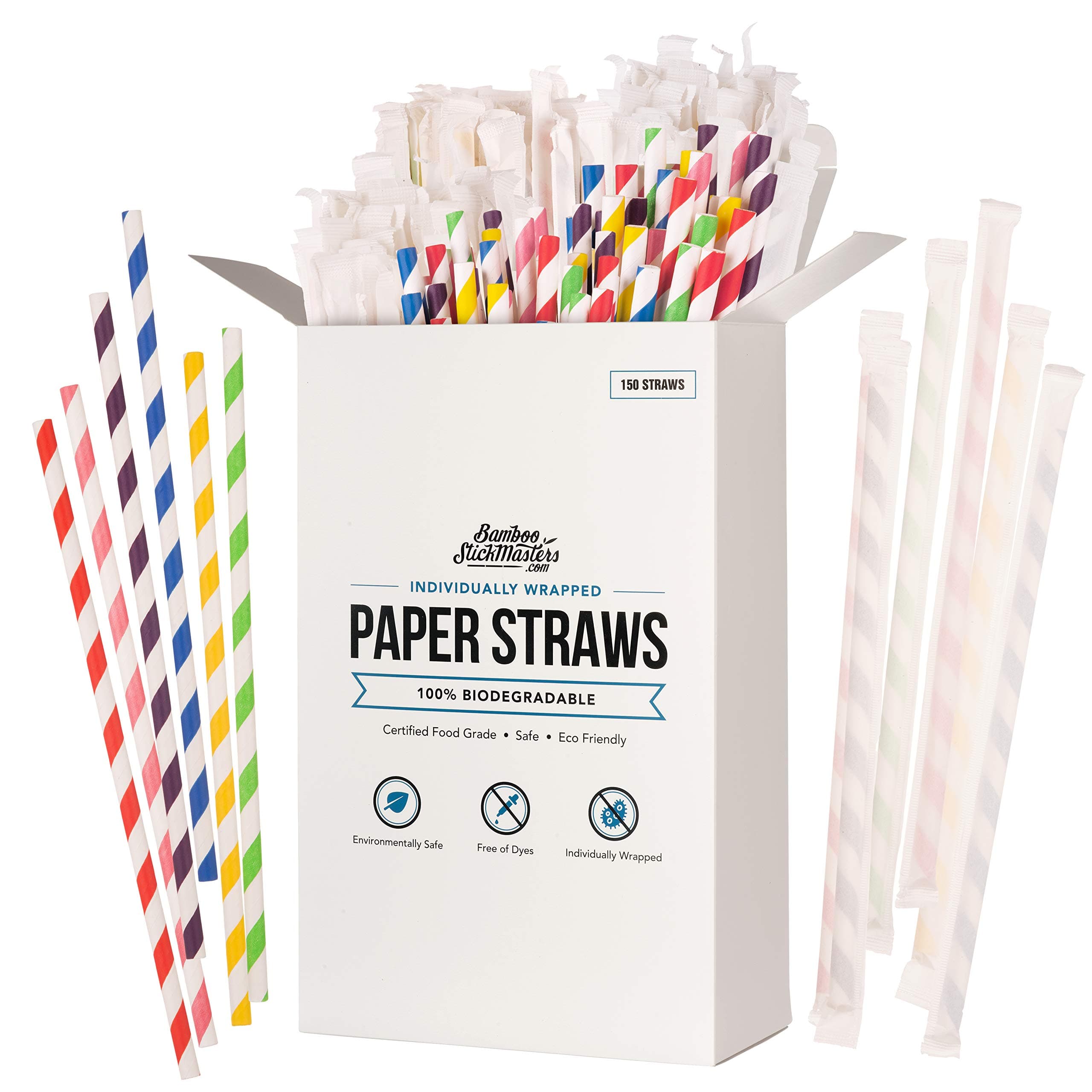 BSM Disposable Biodegradable Paper Straws | 150 Plastic Free Drinking Straws for Parties, Birthdays, Weddings, Smoothies & DIY Decorations | Eco-Friendly Paper Straws | 6 Colours