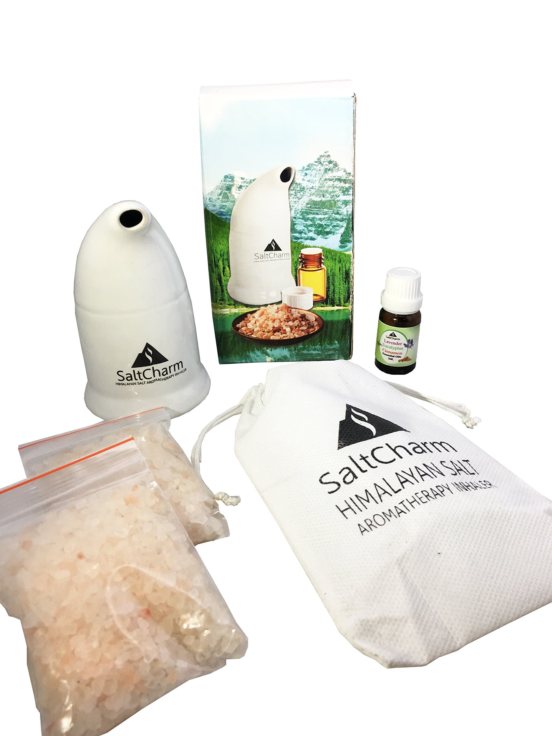 Himalayan Pink Salt Ceramic Inhaler with Aromatherapy Essential Oil 5ml Sample, and All-Natural Respiratory Aid for Allergies, Asthma, Better Health, Detox, Relaxation and Pain Relief