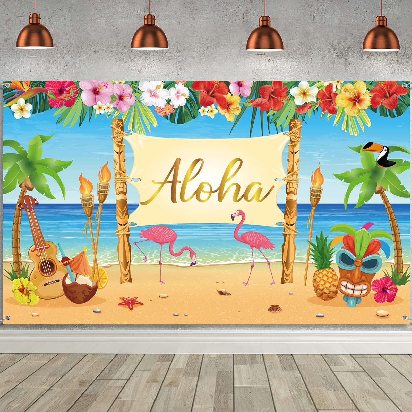 Sumind Hawaiian Aloha Party Decoration, Extra Large Summer Luau Beach Party Banner Backdrop Background Photography for Birthday Musical Party Tropical Tiki Themed Decoration, 72.8 x 43.3 Inch