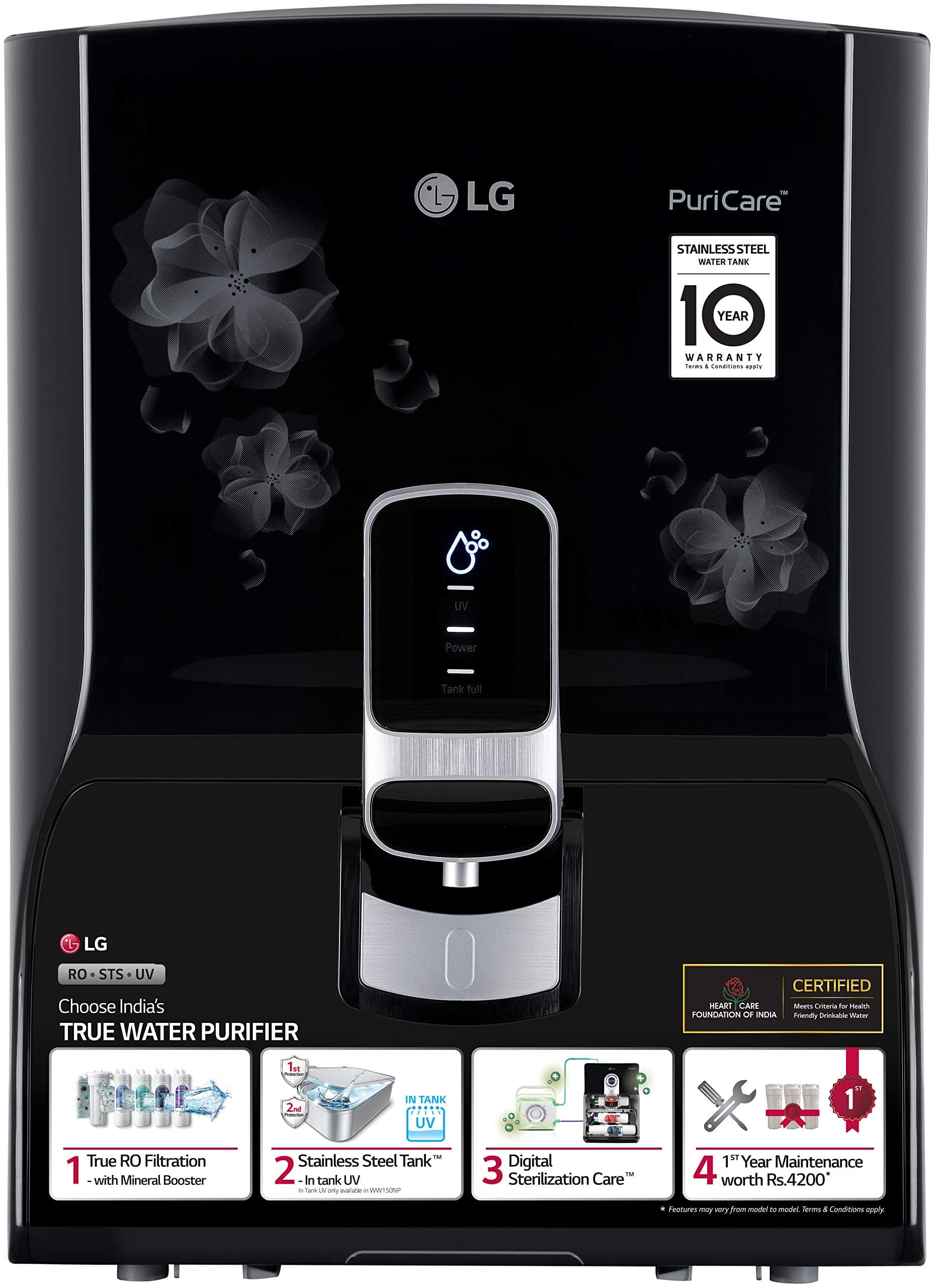 LG Puricare WW150NP RO + UV Water Purifier RO Multi-Stage Filtration with 8 LTR. Dual Protection Stainless Steel Tank (Black with Floral Pattern)