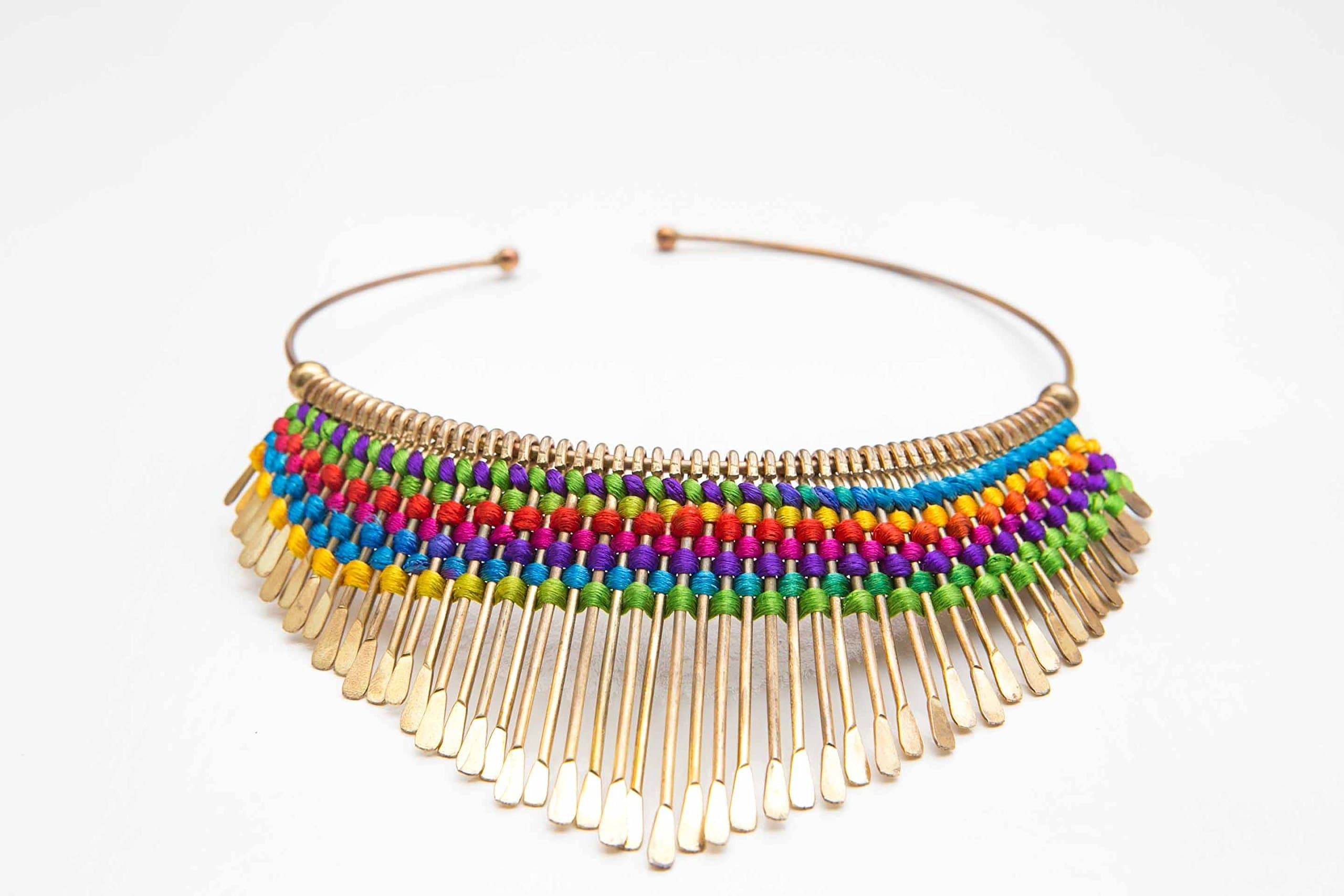 Multicolor Brass Choker Collar Necklace - Hammered Fringe, Ethnic, Tribal, Adjustable Cleopatra African Jewelry - Handmade in KwaZulu Natal