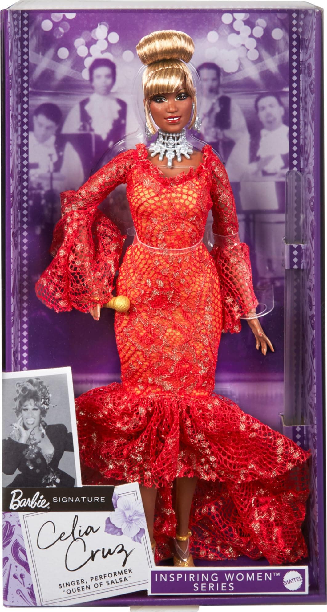Barbie Inspiring Women Doll, Celia Cruz Queen of Salsa in Red Lace Dress with Golden Microphone, Collectible with Doll Stand & Certificate of Authenticity