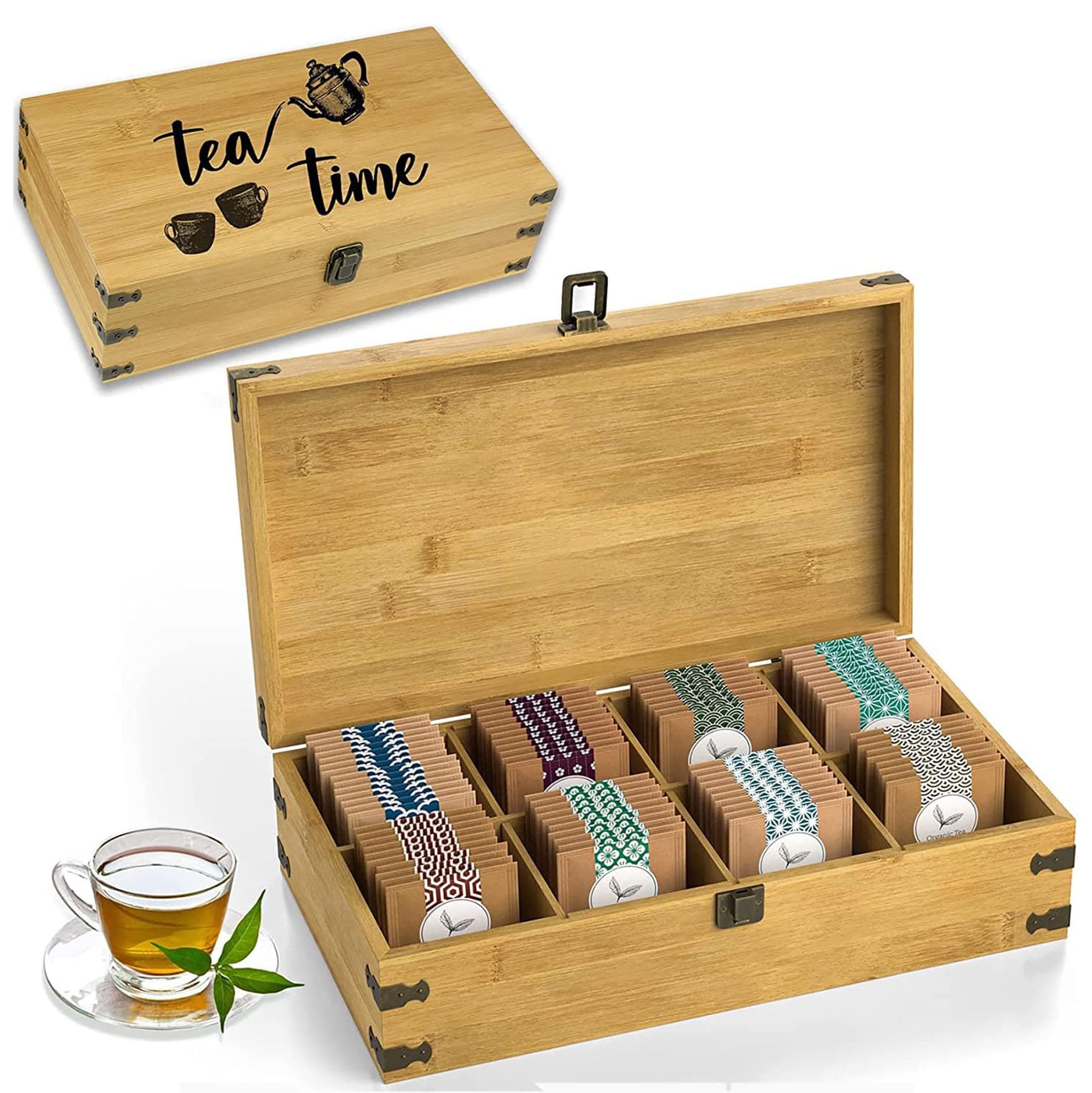 Zen Earth Inspired Tea Organizer Box Big & Tall 14" x 8" x 4" Bamboo Wooden Organizer Storage Chest 8 Tall Adjustable Slots 100% Handmade Eco-Friendly Natural Kitchen Décor