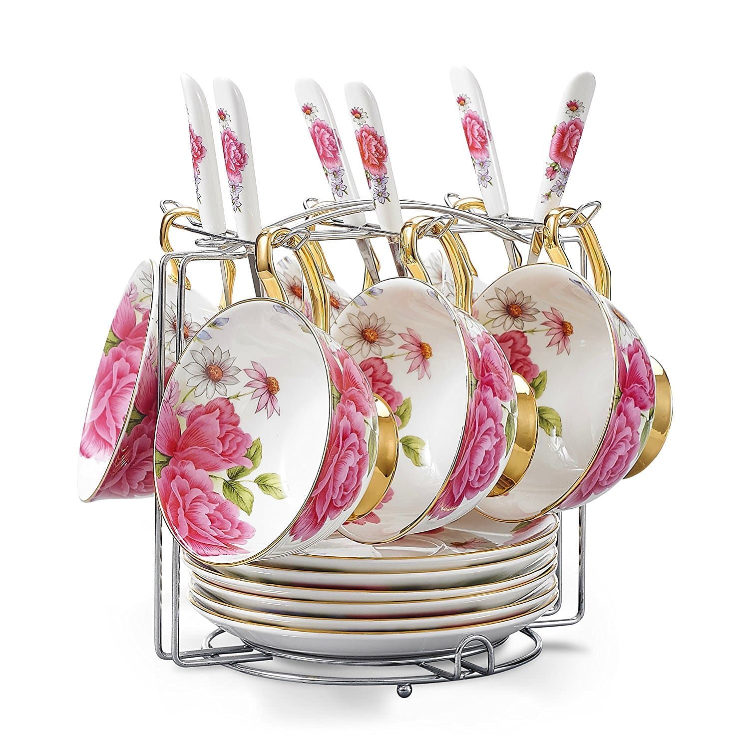 TouchLife Set of 6 Bone China Tea Cup Coffee Cup Set with Saucer,Pink Rose,White and Pink,with bracket