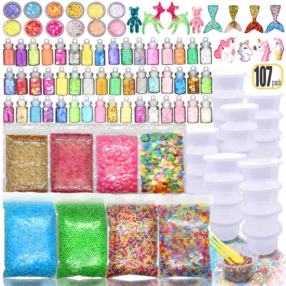 107PCS Slime kit Supplies Stuff Include Foam Beads Fishbowl Beads Glitter Jars Paper Sugar Accessories Slime Charms Shell Slime Containers with Lids