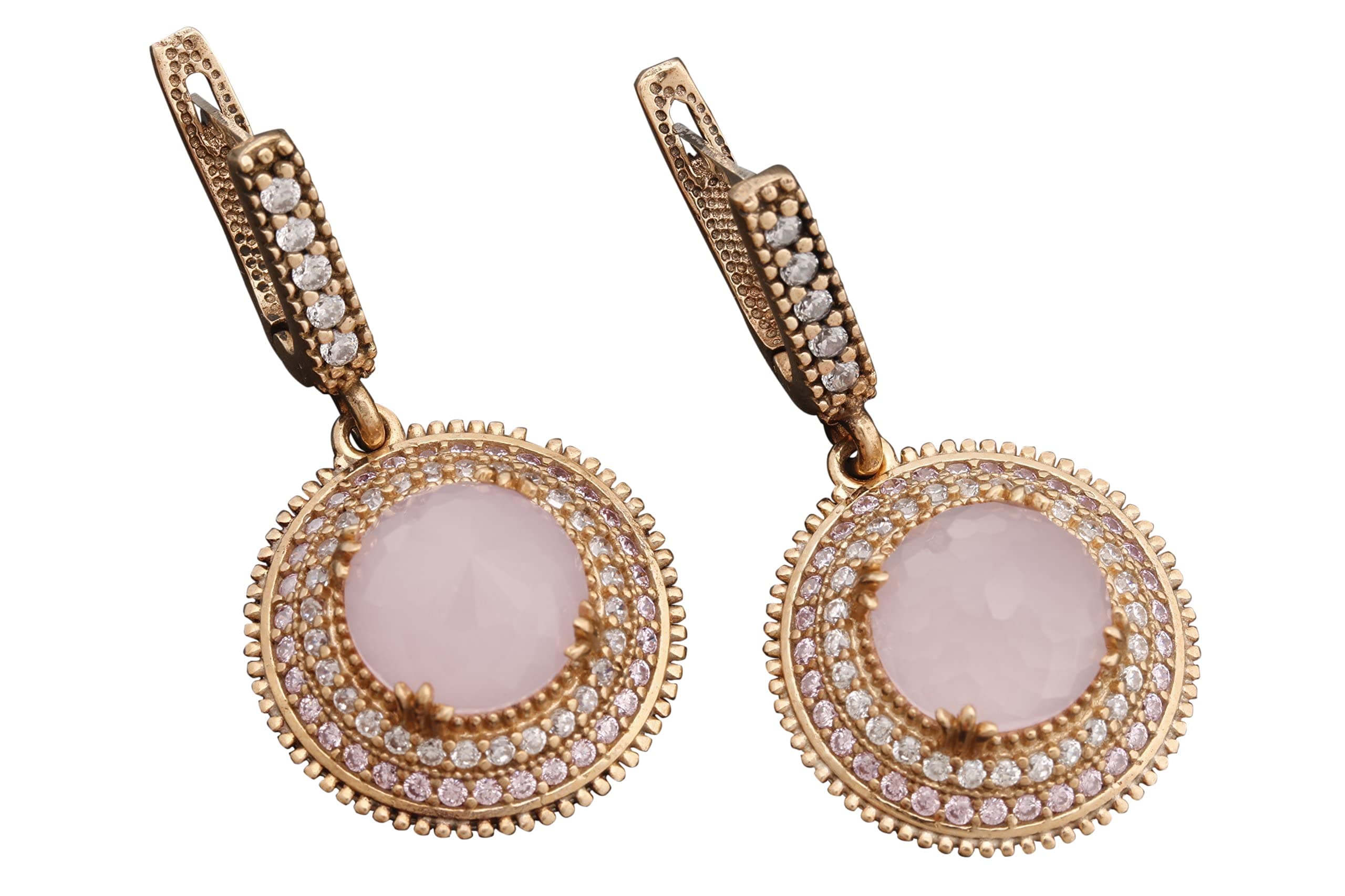 Turkish Handmade Jewelry Round Shape Pink Quartz and Round Cut Topaz 925 Sterling Silver Dangle/Drop Earrings