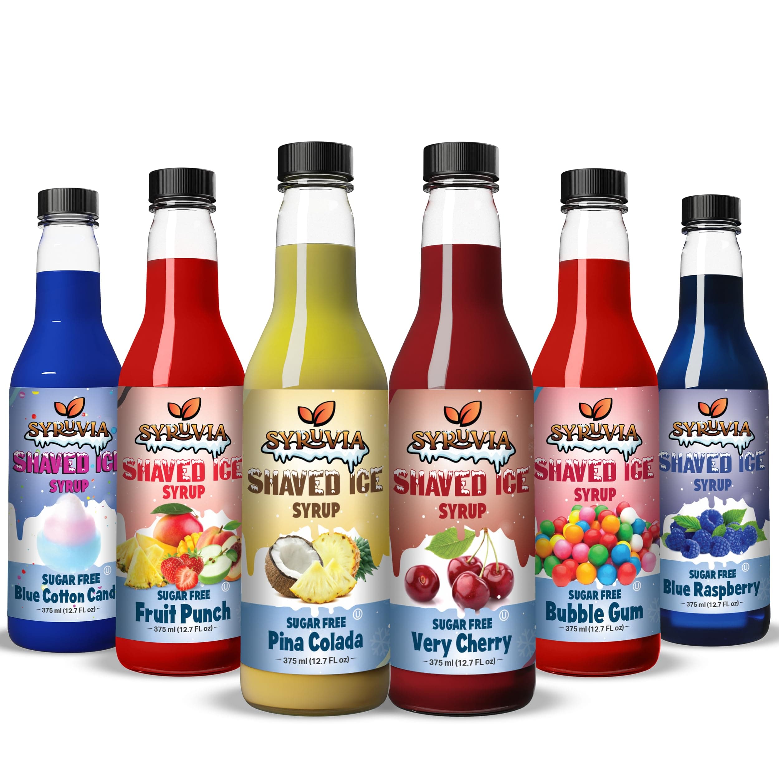 Syruvia Sugar-Free Snow Cone Syrup 12.7oz -0 Calorie Bubble Gum, Fruit Punch, Cotton Candy, Cherry, Blue Raspberry, & Pina colada Syrup For Shaved Ice, Slushies, Italian Soda, Popsicles, Dairy Free.