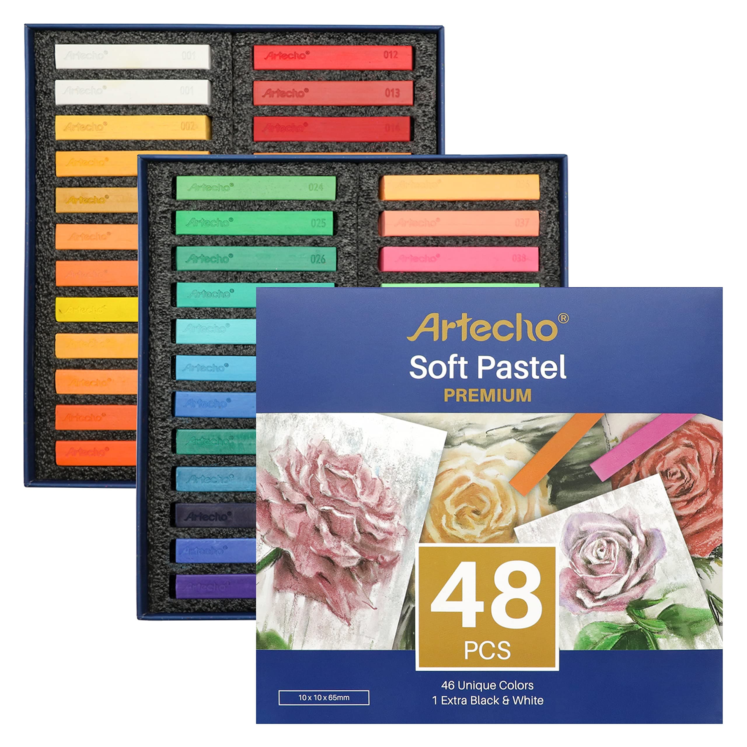 Soft Pastel Set of 48, Including 4 Fluorescent colors Premium Square Chalk for Drawing, Blending, Layering, Shading, Art Supplies for Kids, Beginners, Students, Experienced Artists