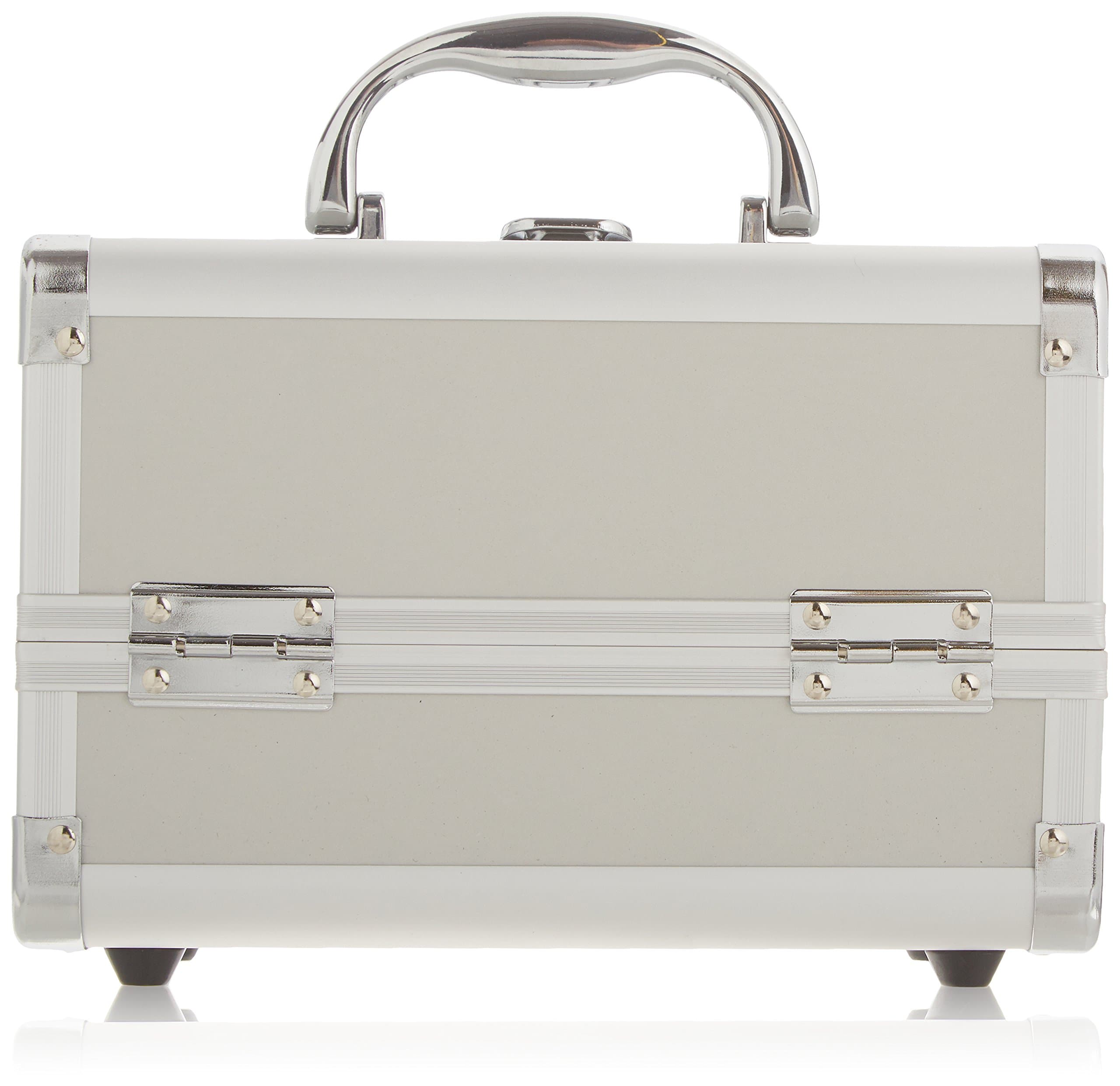 Cosmetic Makeup Train Case with Mirror and Easy Clean Extendable Trays, Silver Smooth, 8 Count