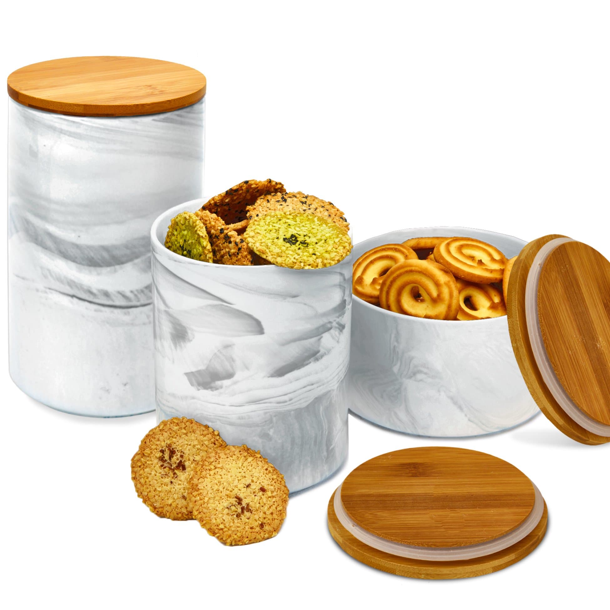3pc Porcelain Kitchen Canister Set with Bamboo Lids - Grey Marble Containers with Airtight Seal – Sugar, Coffee, Flour or Food Storage Jar - Planter Flower Pot - by Marbelous