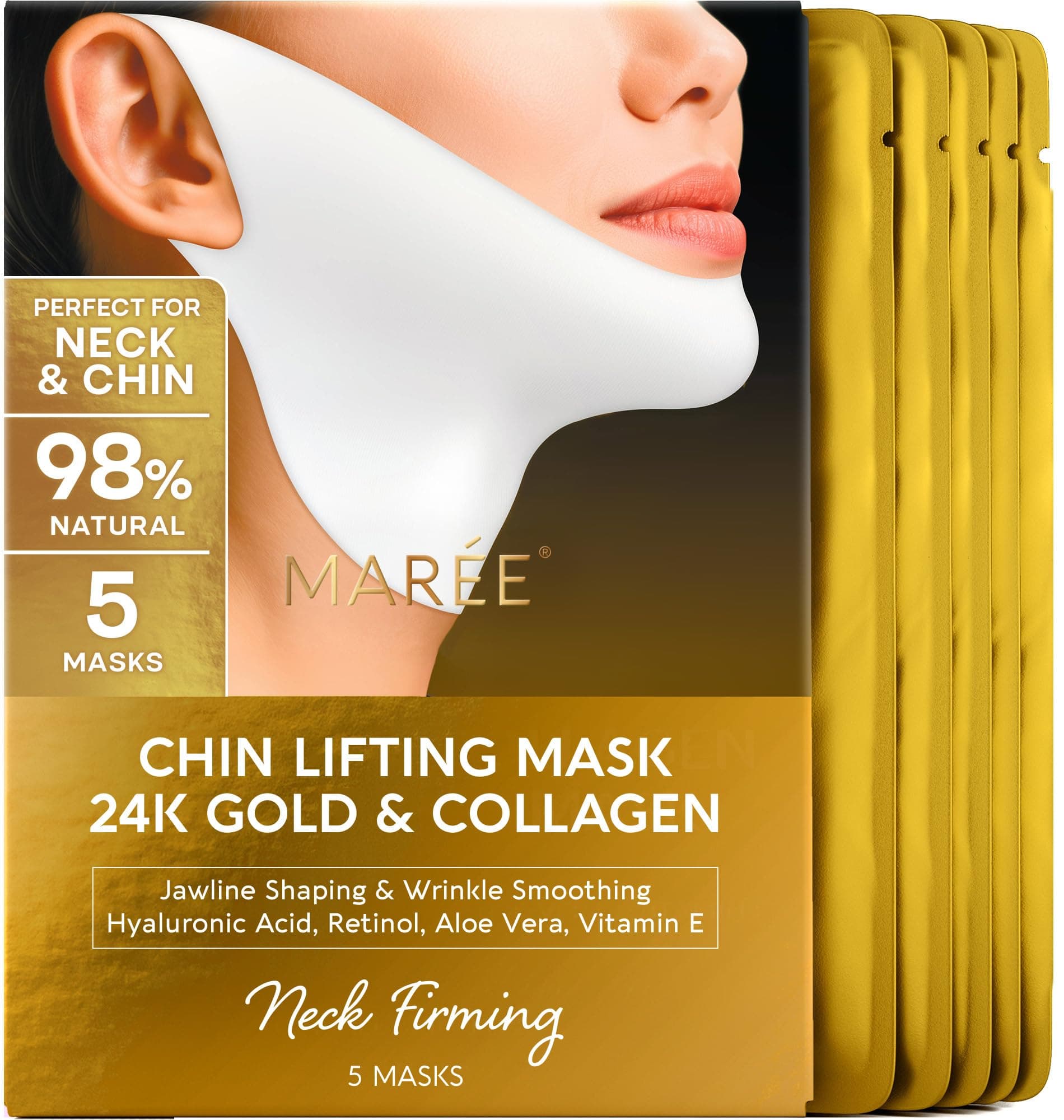 MAREE Collagen Facial Mask with Hyaluronic Acid - Hydrating Face Masks Skincare - Mascarillas Faciales For Women Skin Care - Gold, 5 Count