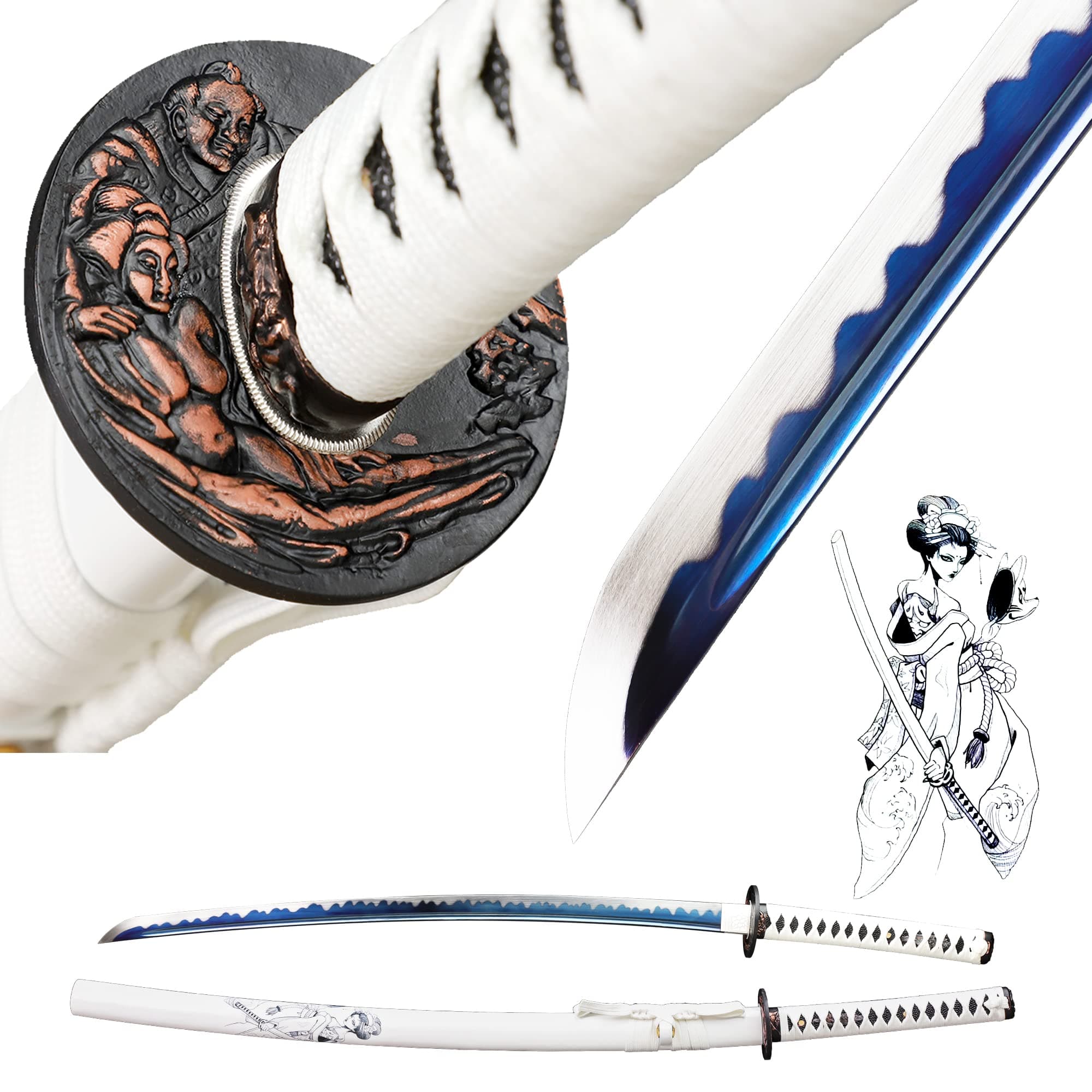 CHENGYING Katana Sword,Real 41 Inch 3.42 Pound Full Tang White Japanese Samurai Sword CY-2022ABUA-1,We Provide a Variety Katanas,Perfect for Gifts and Collections (1.White Samurai)