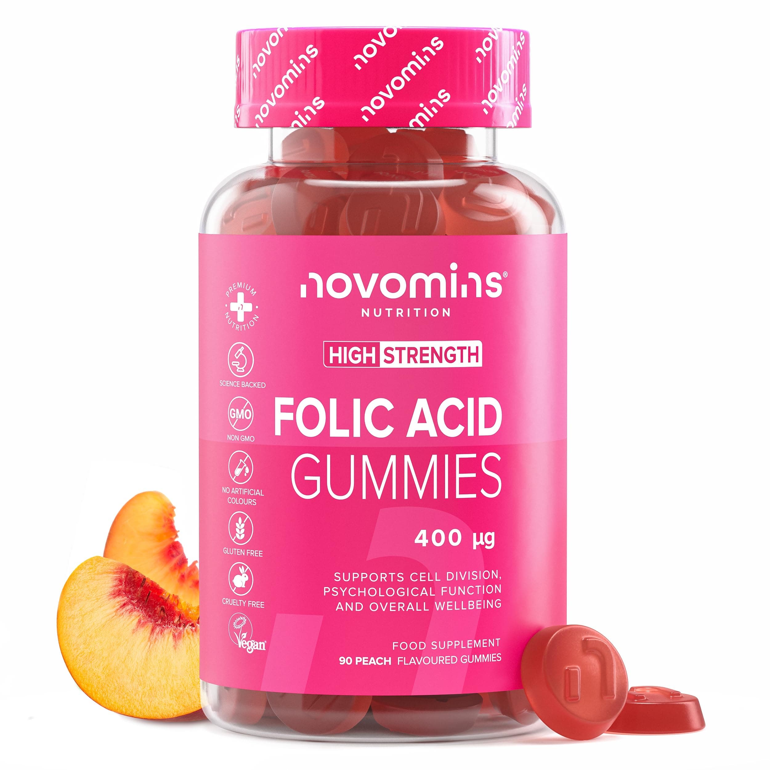 novomins Folic Acid Gummies – Folic Acid 400mcg - 3 Month Supply – Vegan – Gluten Free – Pregnancy Care – Prenatal Health & Maternal Tissue Growth During Pregnancy – Made