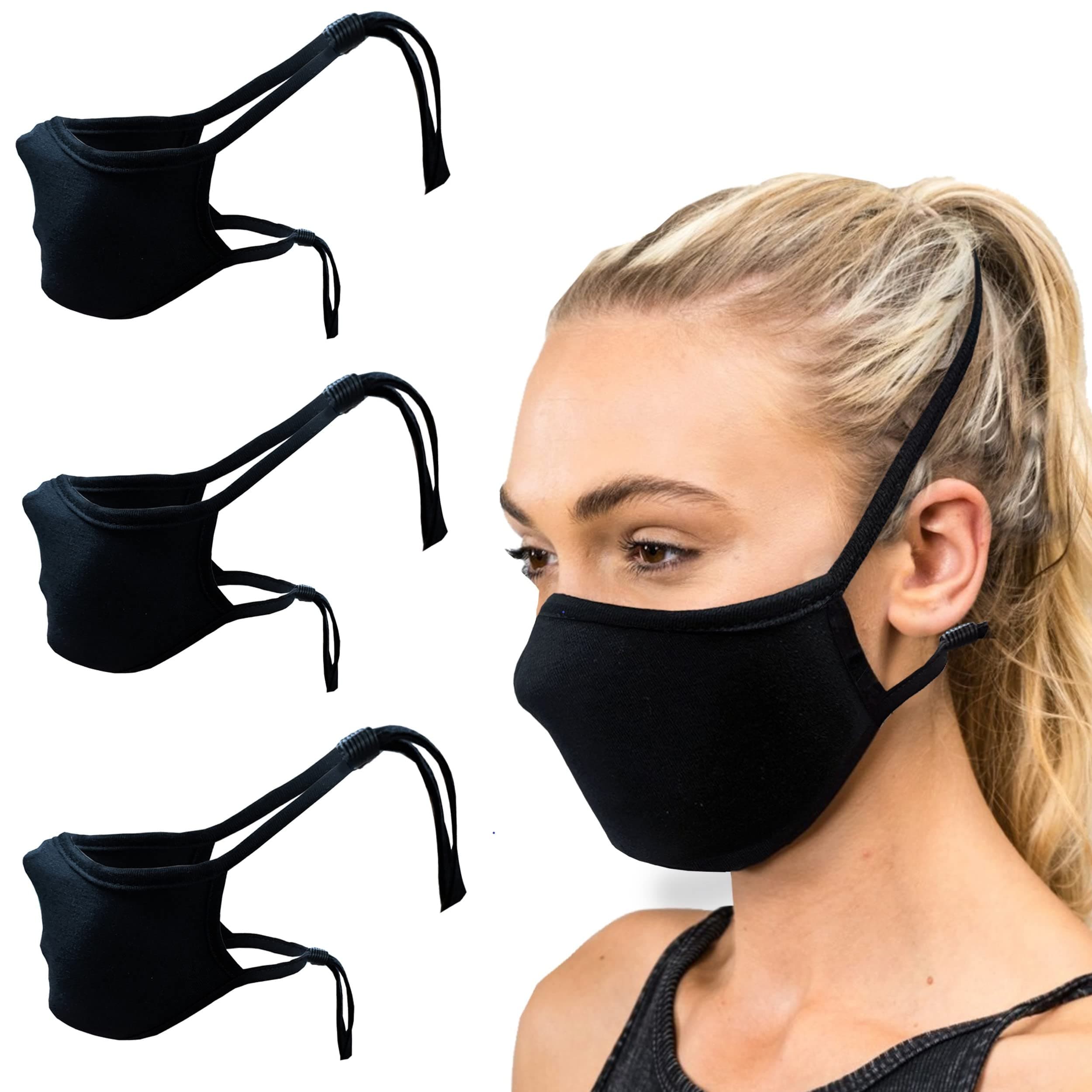 Adult Cloth Face Mask with Head Strap and Filter Pocket (Pack of 3), Multi Size Reusable Cotton Face Cover (Black, Adult S/M)