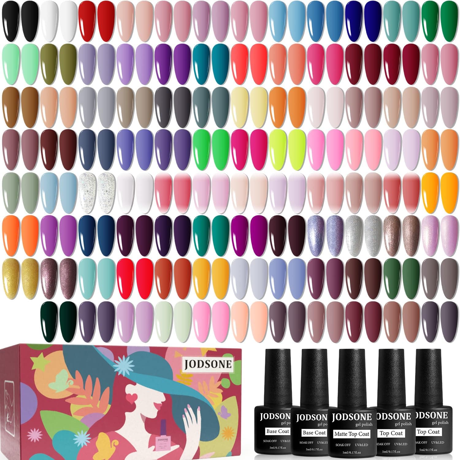JODSONE 100 PCS Gel Nail Polish Kit No Wipe Soak off Base Coat and Matte Glossy Top Coat Gel Polish Collections Gifts for Manicure Lovers, Pack Of 1