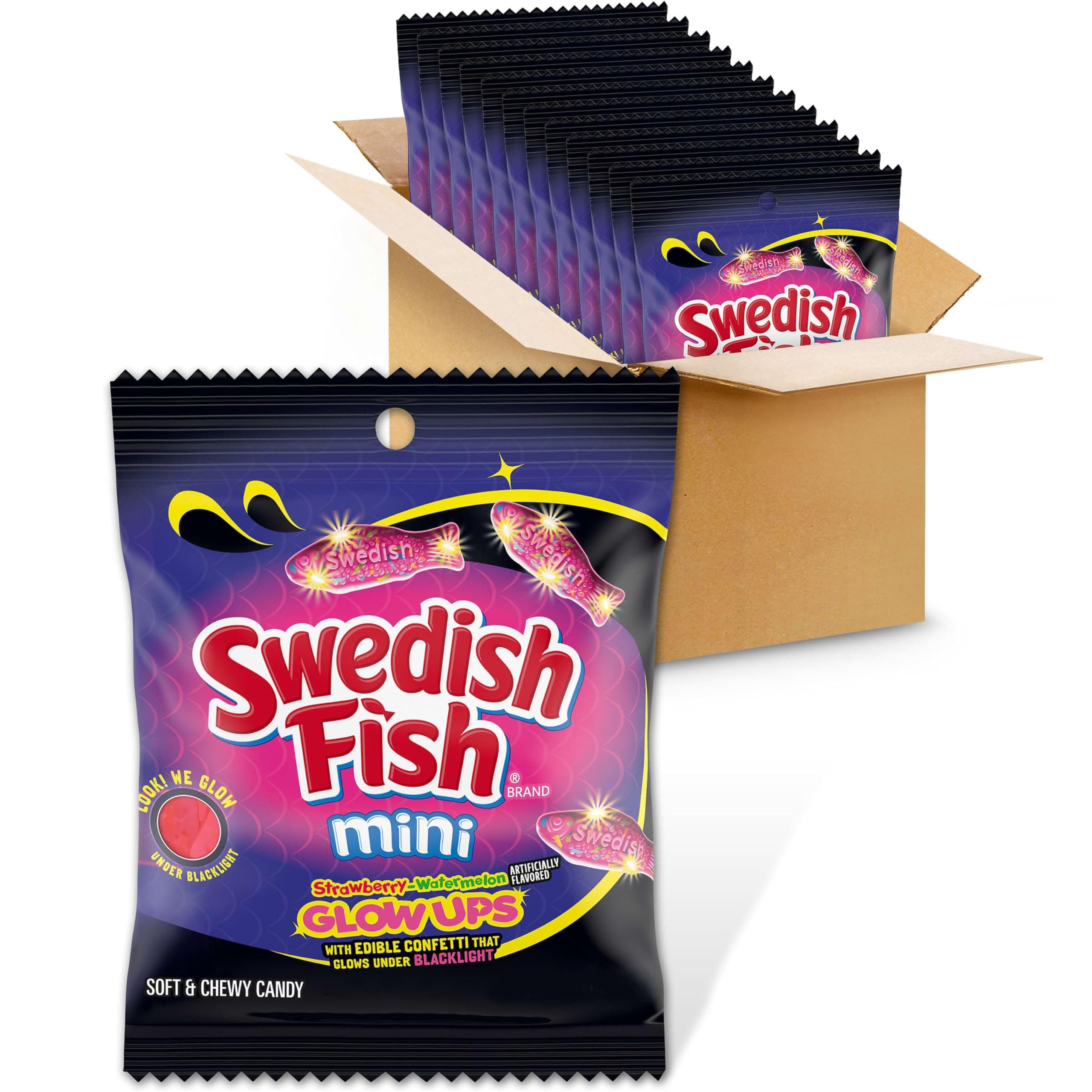 SWEDISH FISH Mini Glow Ups Strawberry-Watermelon Soft & Chewy Candy, Bulk Candy, 12-3.08 oz Bags