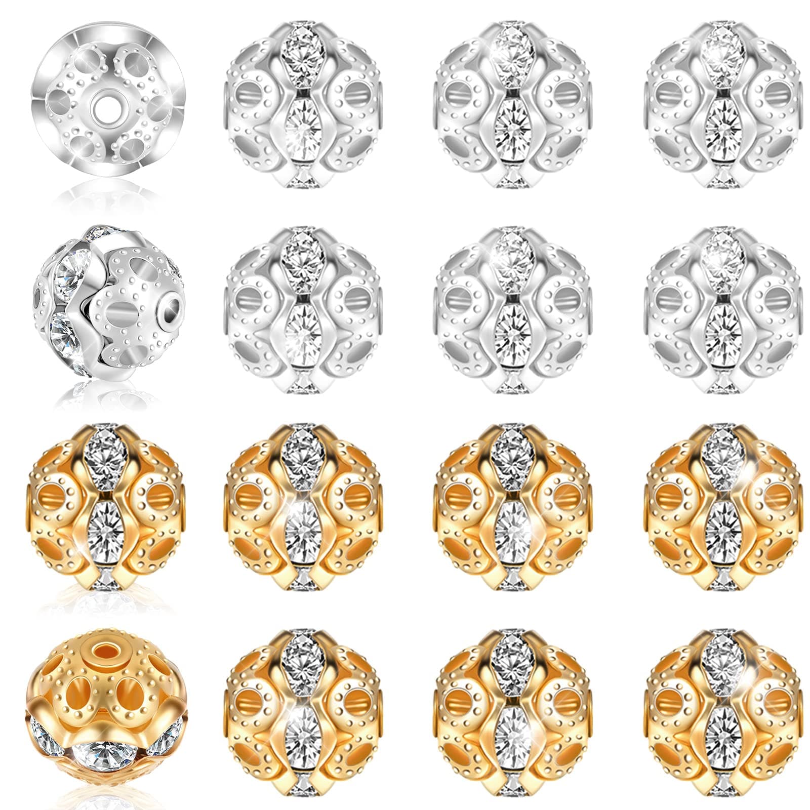 Waydress 200 Pcs 8mm Rhinestone Beads for Crafting, Shiny Round Disco Beads Bulk for Jewelry Making for DIY Bracelet Necklace Earring(Gold, Silver)