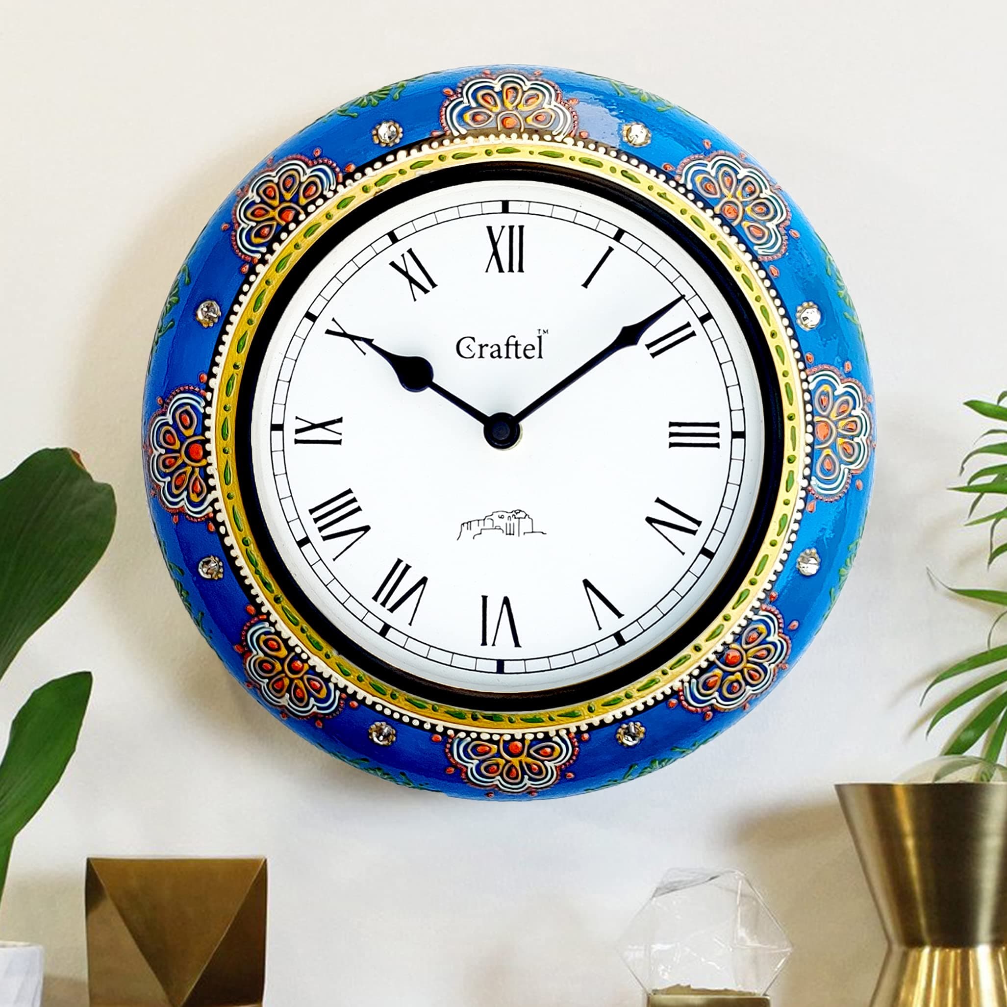 CRAFTEL Engineered  Wood  Antique Hand Painted  Wall   Clock  with Dome Glass for Bedroom Living Room Home (Multicolour, 12 Inch, Dial : 8 Inches)