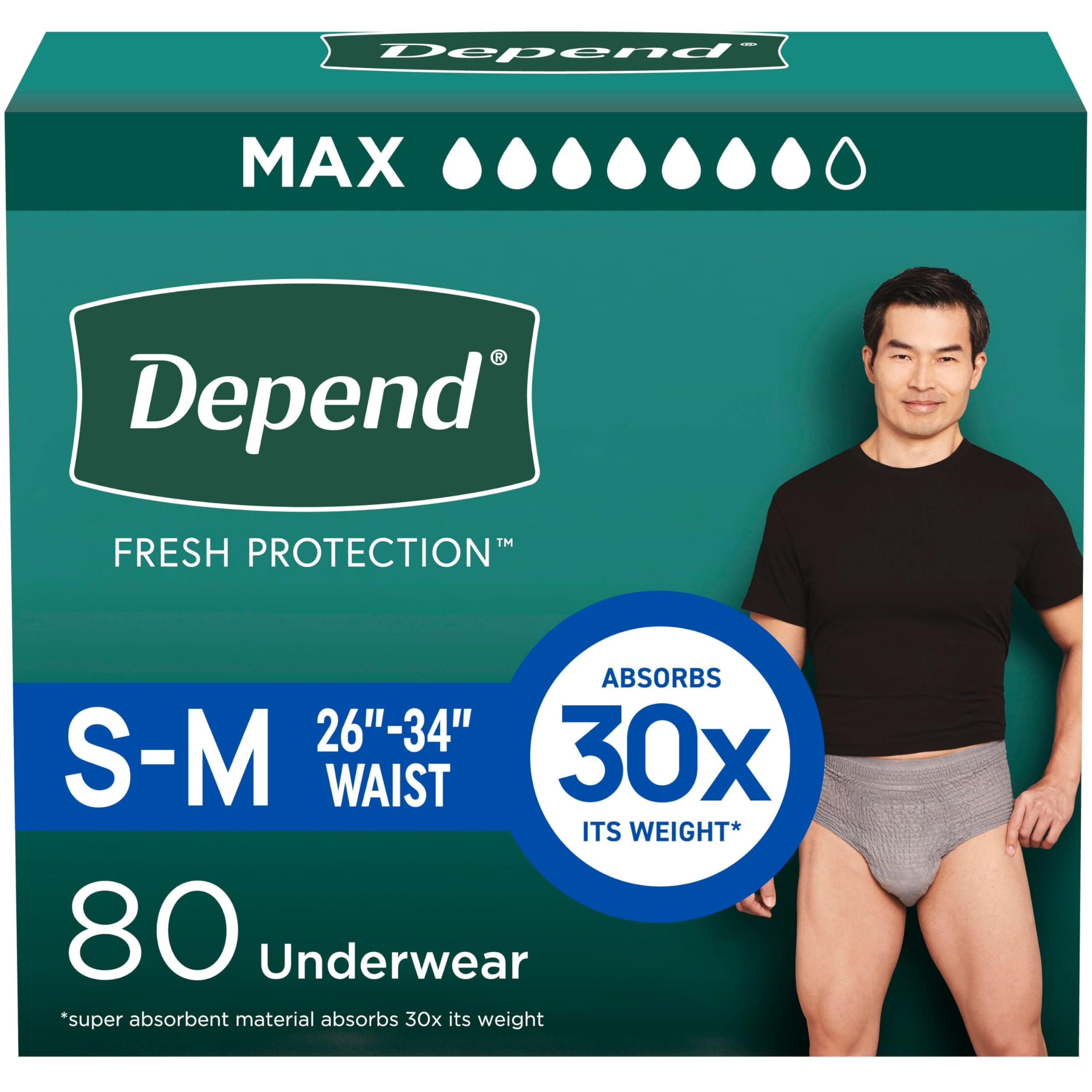 Depend FIT-Flex Incontinence Underwear for Men, Maximum Absorbency, Disposable, Small/Medium, Grey, 80 Count