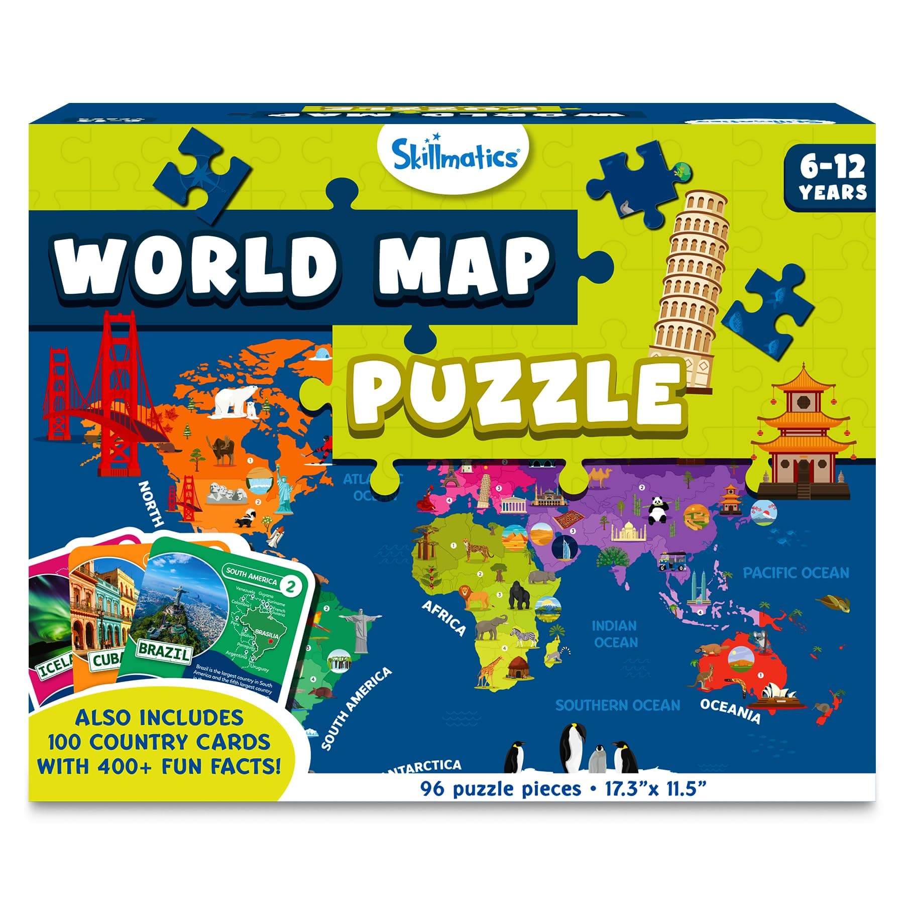 World Map Puzzle - 96 Piece Jigsaw Puzzle, Educational Toy, Geography for Kids, 400+ Facts, Gifts for Boys & Girls Ages 6 to 12