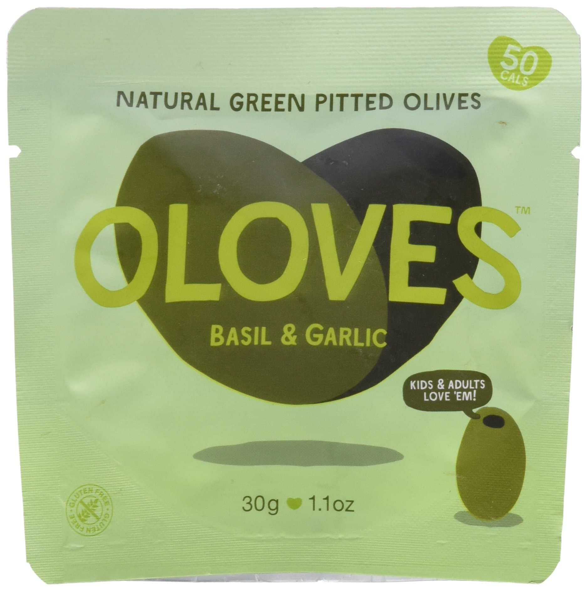 OLOVES Whole Pitted Green Olives | 48 Pack | Basil & Garlic | Vegan, Kosher, Gluten Free + Keto Friendly, All Natural Low Calorie Healthy Snacks | 1.1oz Bags