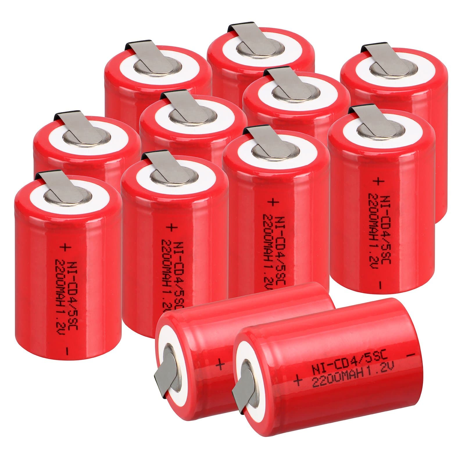 Ni-Cd Rechageble Batteries, 1.2V 2200 mAh 4/5Sub C Battery Flat Top Battery with Tabs for Digital Cameras, CD Players Battery Pack (Pack of 12), Red