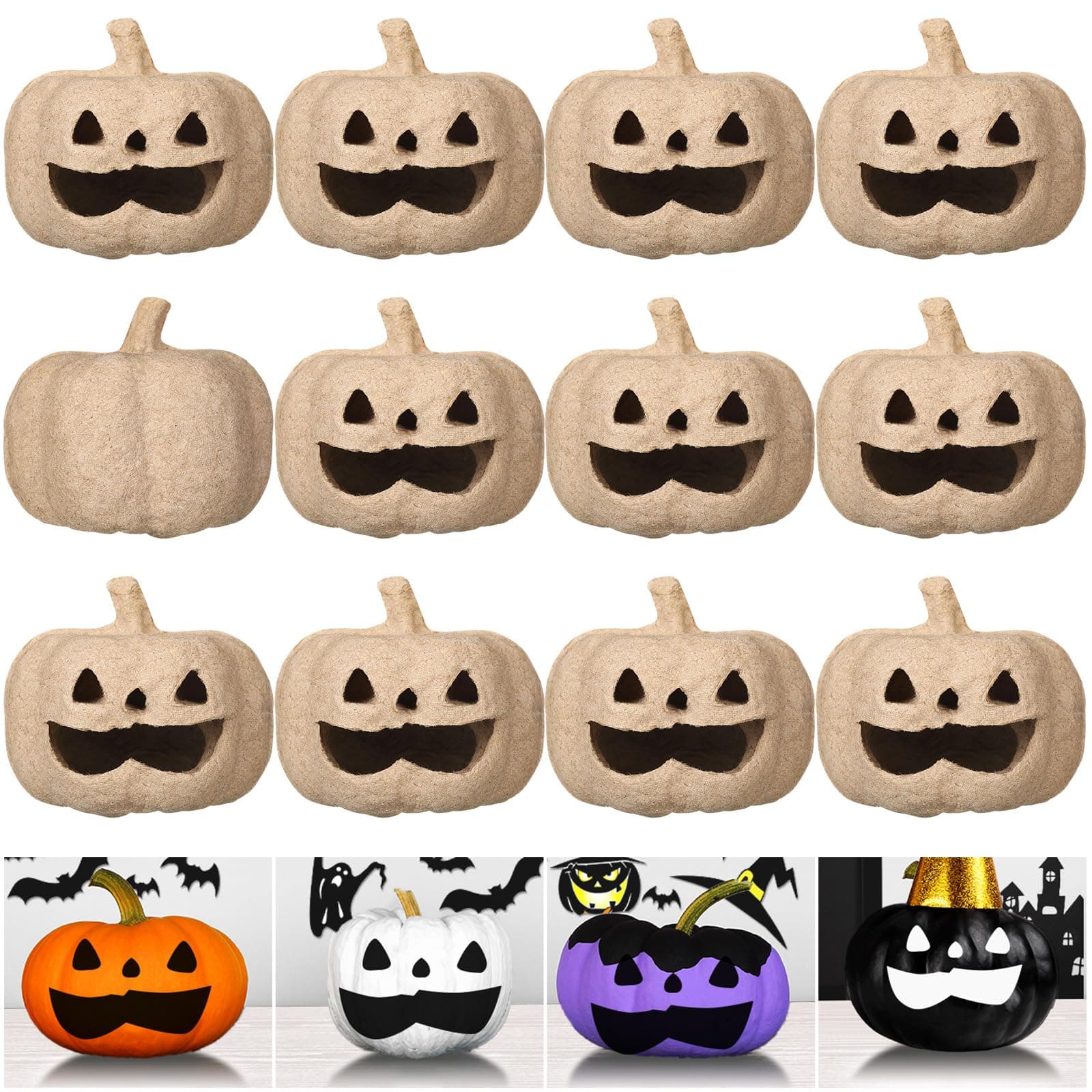 Watersay 24 Pcs Small Paper Mache Pumpkins Bulk Halloween Craft Pumpkins to Paint Decorating Unfinished Carved Face Halloween DIY Craft Projects for Fall Thanksgiving Party Decorations