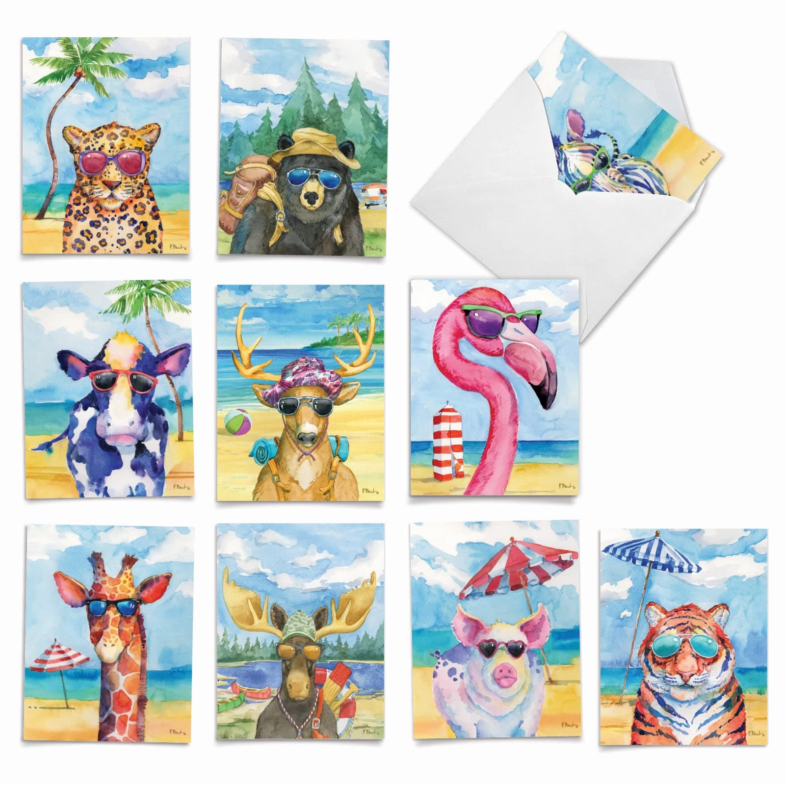 The Best Card Company Assorted Funny Wildlife Watercolor Blank Greeting Card Box Set - Incl. 10 Unique Notecards Designs + Envelopes for Thank You, Invitations - Animal's Day Off AM6670OCB-B1x10