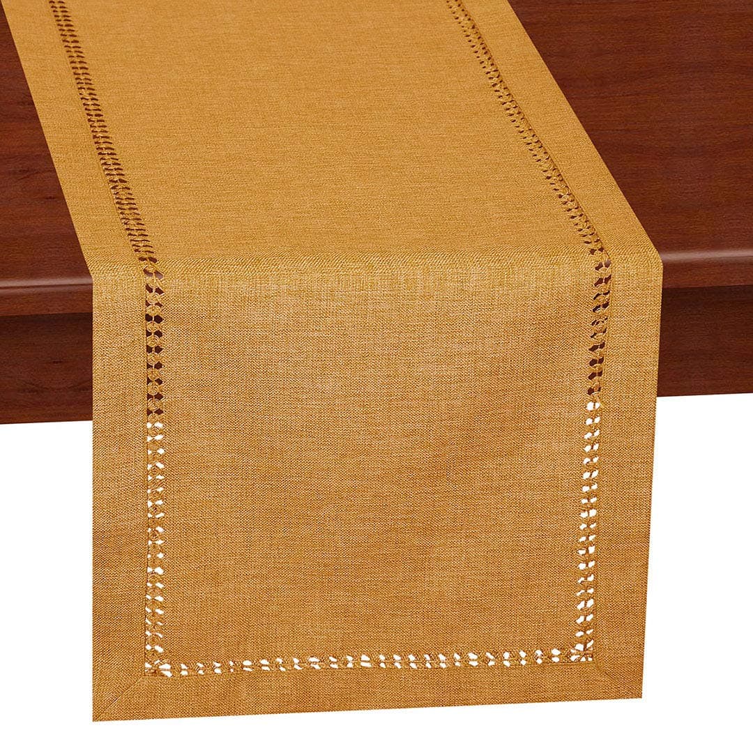 Grelucgo Handcrafted Solid Color Dining Table Runner, Dresser Scarf, Double-Hemstitched (Mustard Gold, 14 x 36)