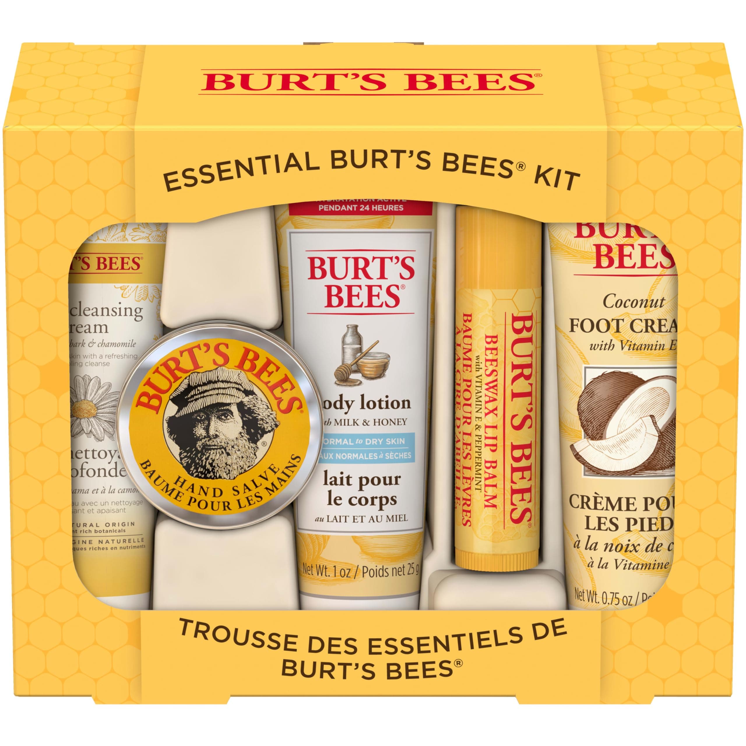 Burt's Bees Essential Gift Set, Lip Balm, Hand Salve, Body Lotion, Foot Cream & Face Cleanser, 5 Travel Size Products, Packaging & Product Graphics May Vary
