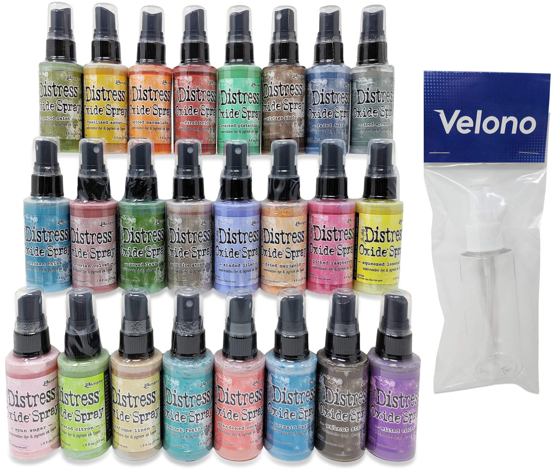 Ranger Tim Holtz Distress Oxide Spray 25-Piece Bundle, 24x Distress Oxide Ink Spray 2oz Bottles (Releases 1 and 2), 1x Velono 2oz Clear Spray Bottle