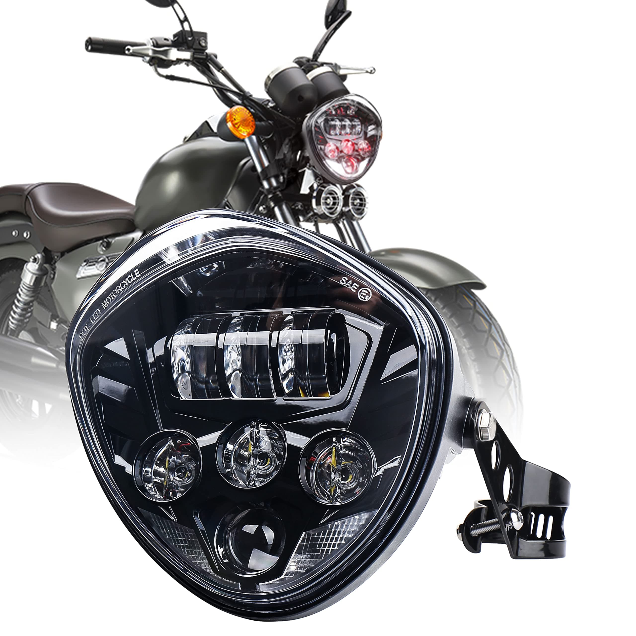 Motorcycle Headlight 7 inch led Hi/Low Beam Red & White DRL with Bracket Clamp Compatible with Universal Motorcycle Harley Honda Kawasaki Suzuki Yamaha Cafe Racer