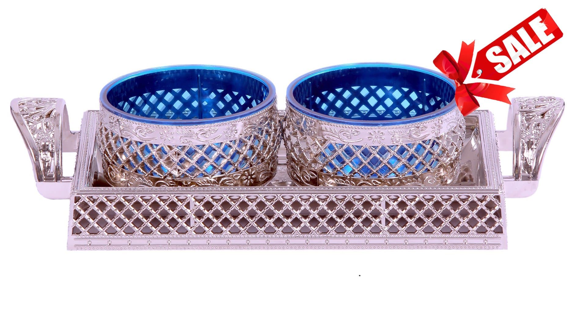 Air Lock 10x6 inch Unique Decorative Serving Tray & 2 Bowls with Lid, Nut Serving Tray with lid- HOLI Gift /Christmas gift item 2017, New Home/ Housewarming, Indian Wedding [Blue]