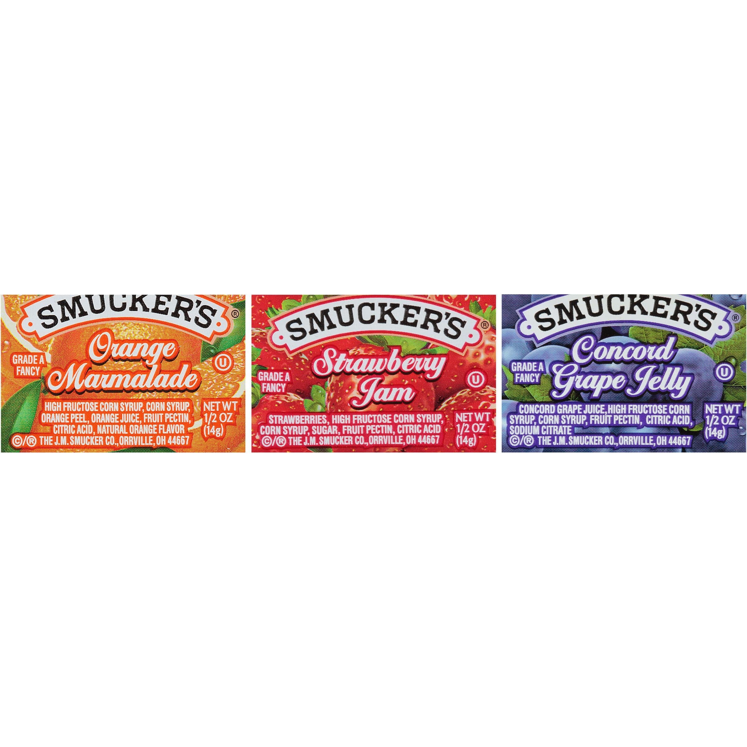 Smucker's Grape Jelly, Strawberry & Orange Marmalade, 200 Count