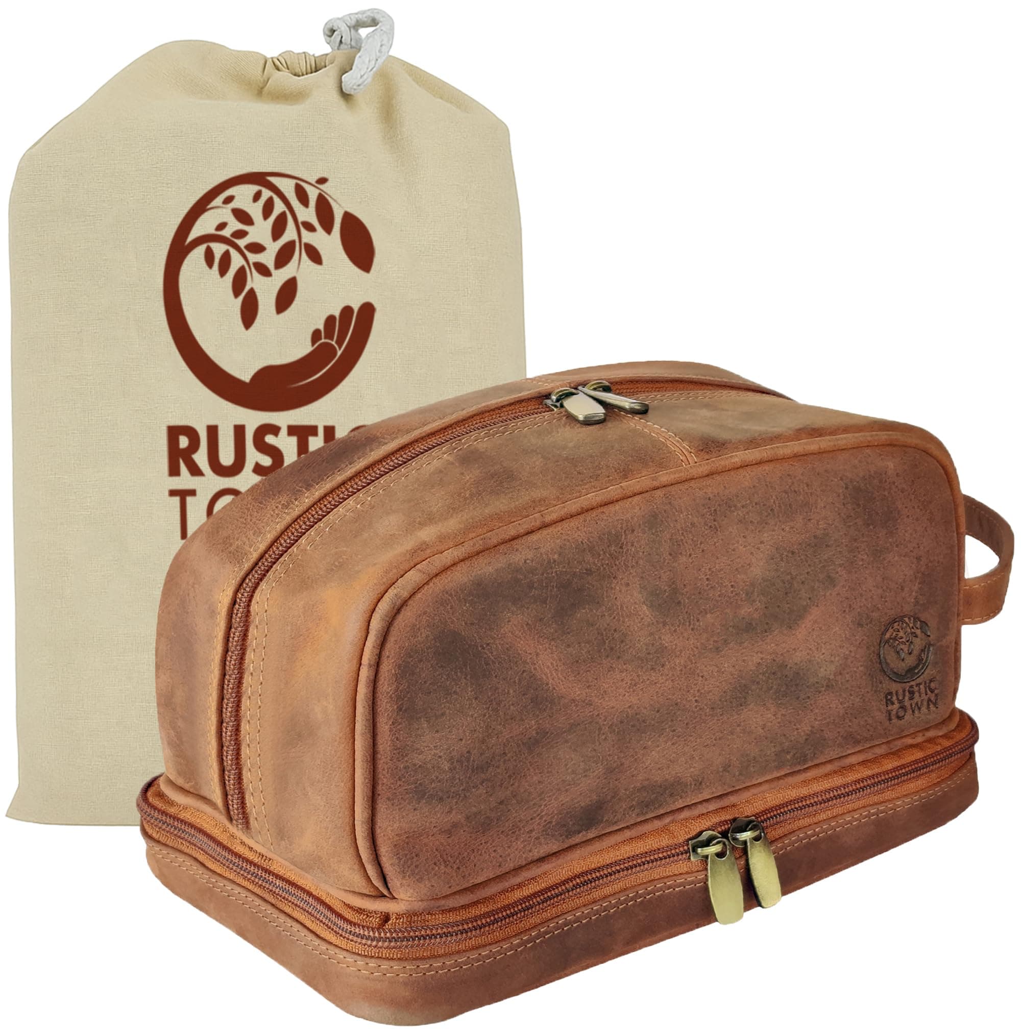 RUSTIC TOWN Leather Toiletry Bag - Waterproof Ditty Kit for Men and Women, Travel Organizer for Full-Size Essentials, TSA Approved