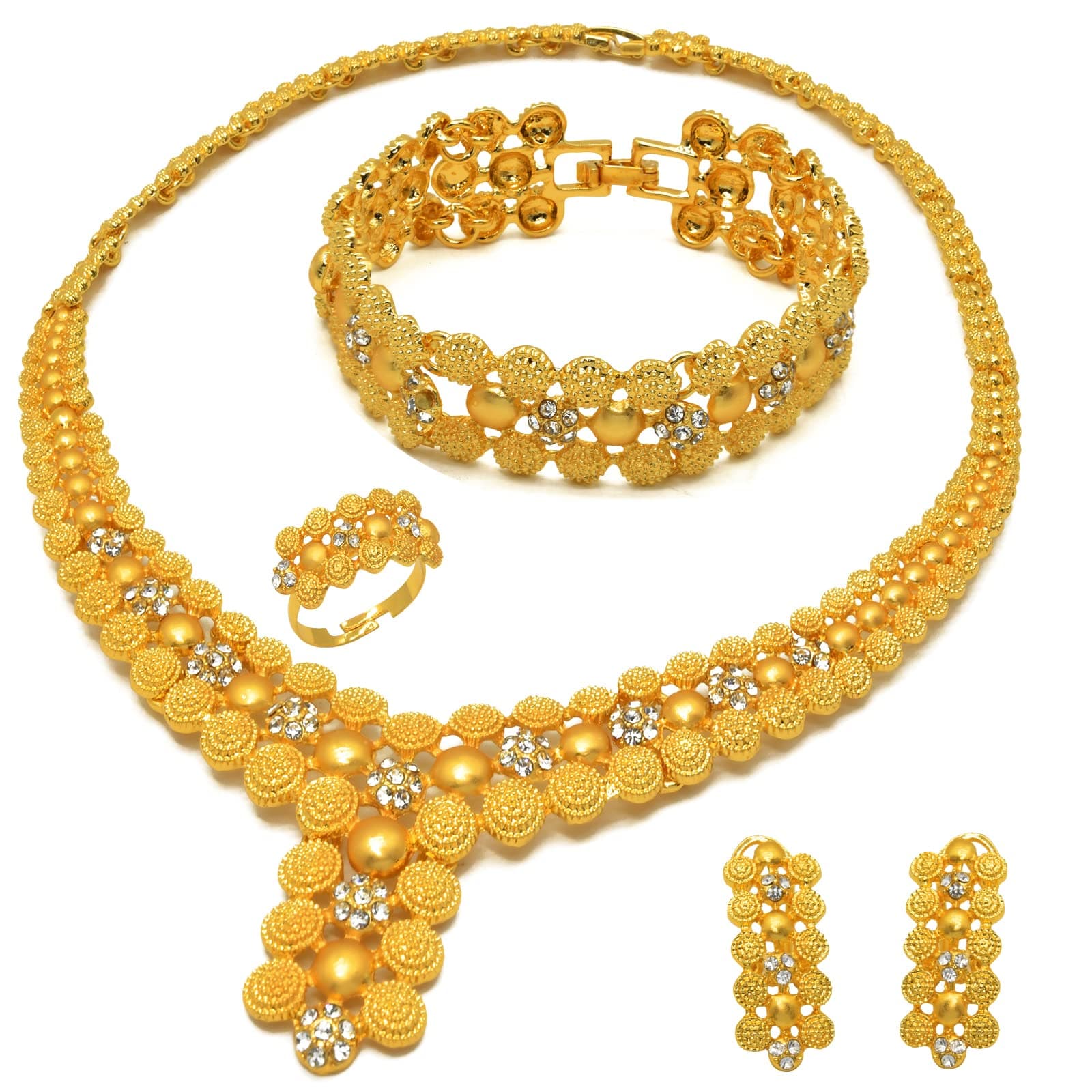 Indian Bollywood Women Jewelry Sets 24K Gold Plated Dubai Gold Necklace Earrings Bangle Fashion Wedding Prom Jewelry Set