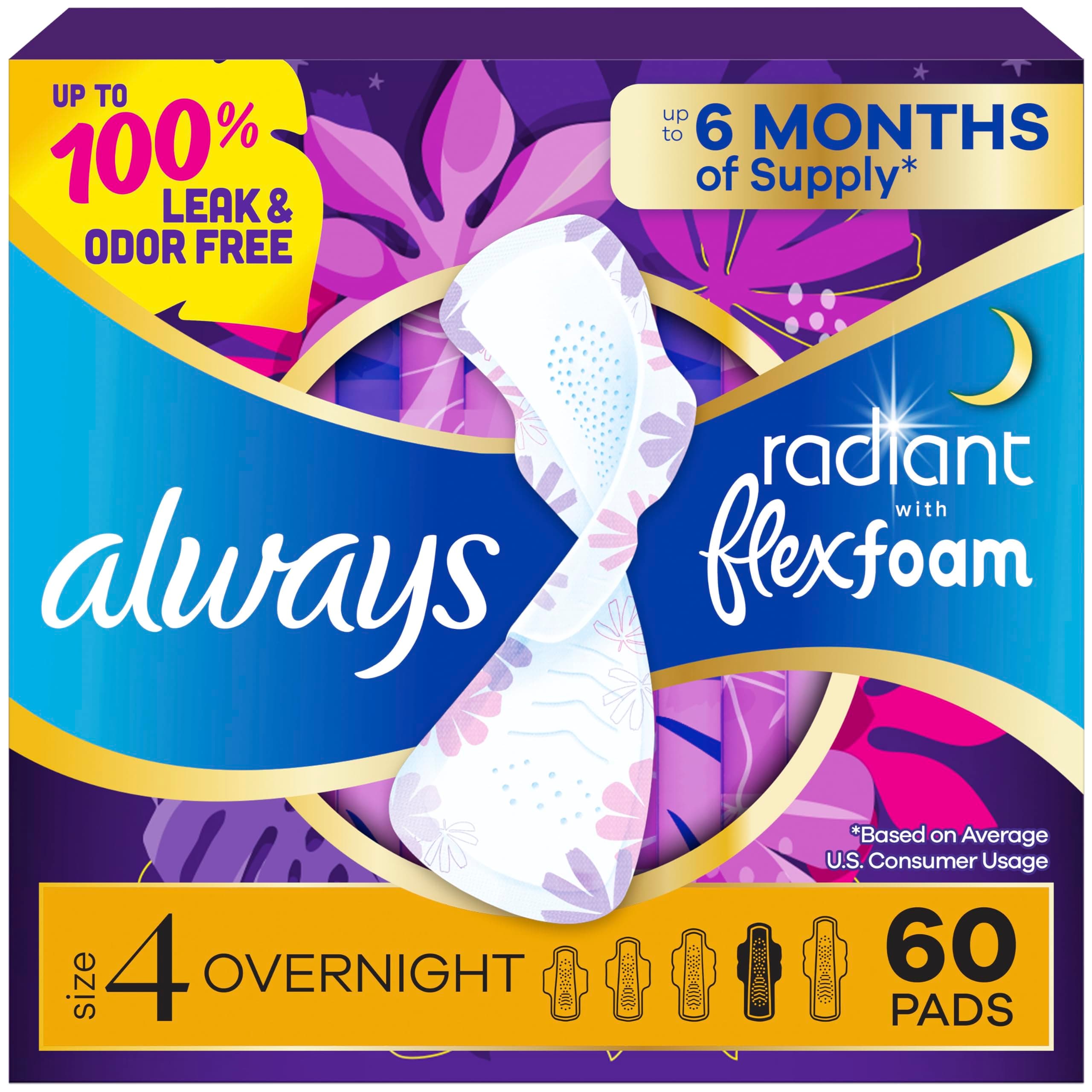 Radiant Overnight Pads with Wings, Scented, 22 Count