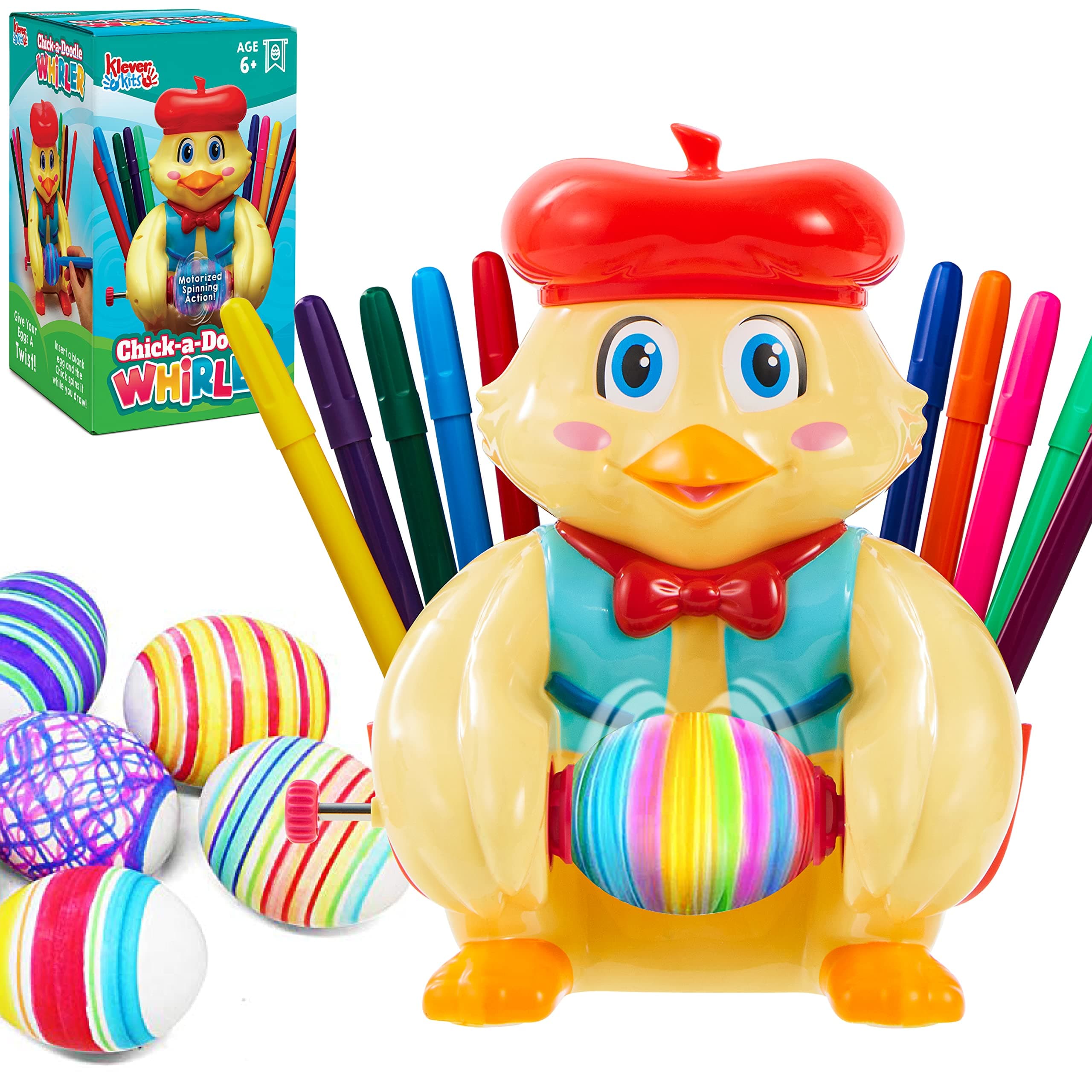 Klever Kits Easter Egg Decorator Spinner Kit Includes Chick Easter Egg Spinner Decorating Machine and 10 Colorful Markers, Battery Driven Motorized Egg Whirler for Kids Easter Party Activities