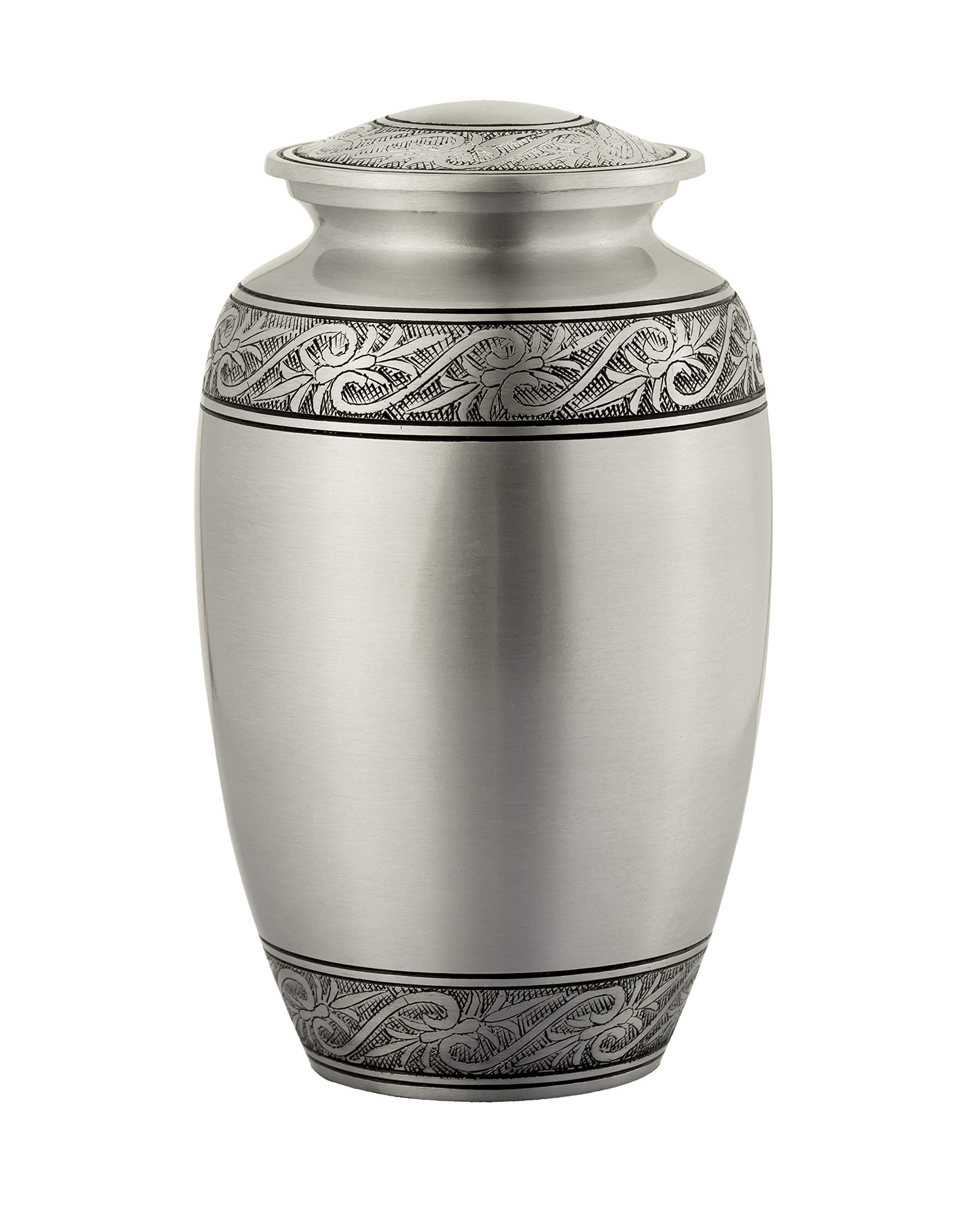 Enshrined Memorials Cremation Urn for Ashes - Electra Series Affordable Solid Metal Quality Handcrafted for Human Funeral Burial Large 10 inch, Silver with Leaves Classic