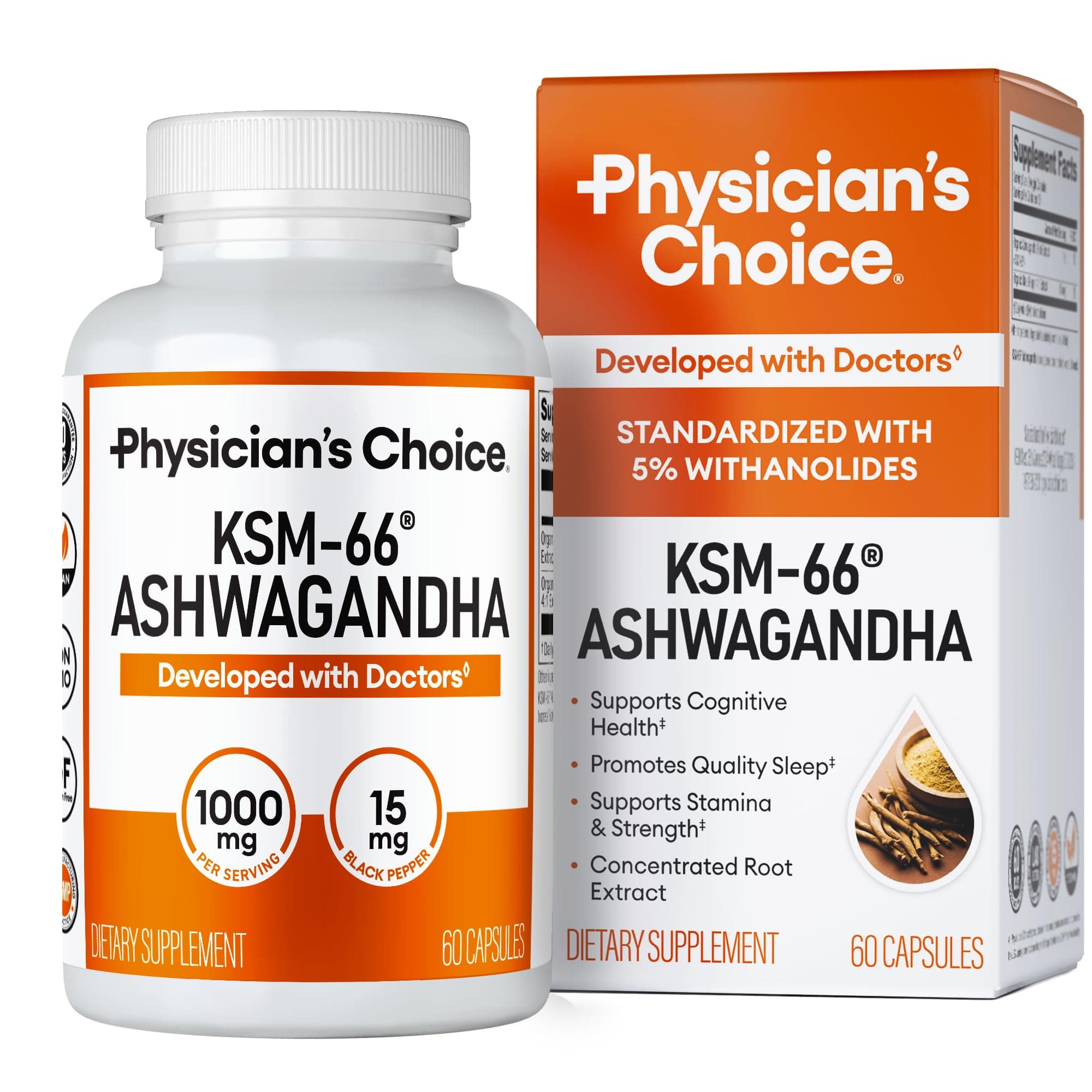 KSM-66 Ashwagandha Root Powder Extract 1,000mg - Organic - with Black Pepper for Maximum Absorption - 5% Withanolides - Stress, Mood & Athletic Support - 60 Vegan Capsules